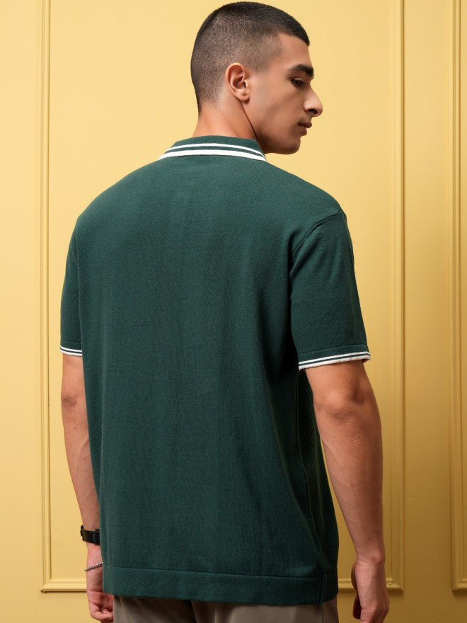 Highlander Men Green Self Design Polo Collar T-Shirt - Green - Image 3