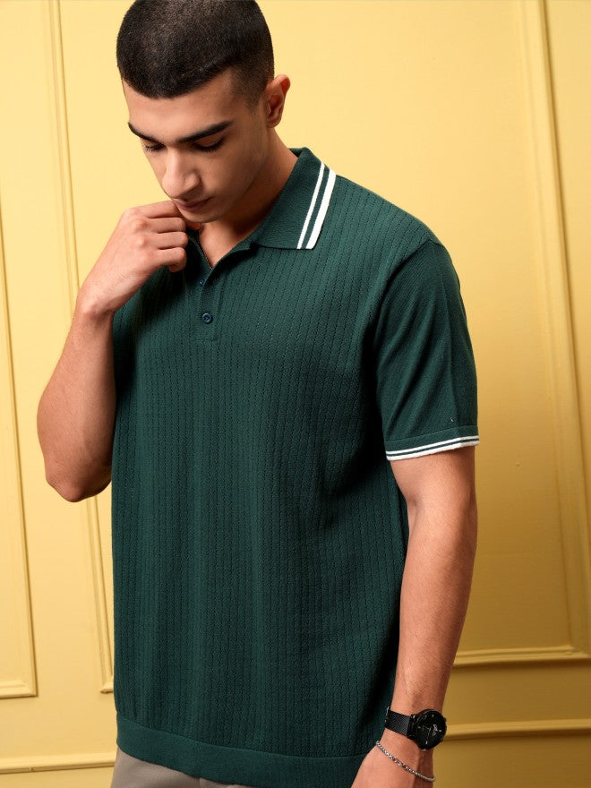 Highlander Men Green Self Design Polo Collar T-Shirt - Green - Image 4