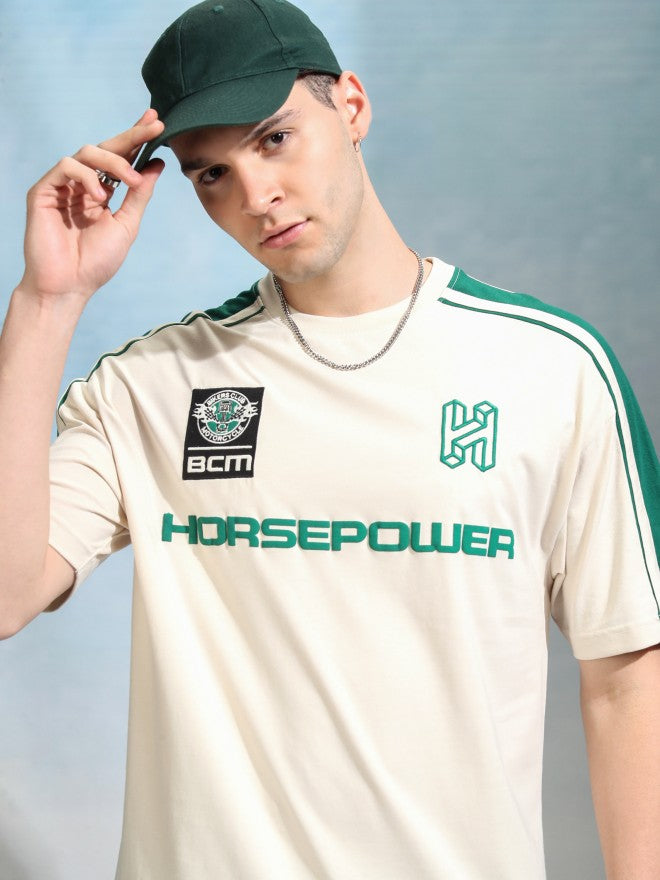 Highlander Men Cream Printed Round Neck Oversized Fit T-Shirt - Cream - Image 1