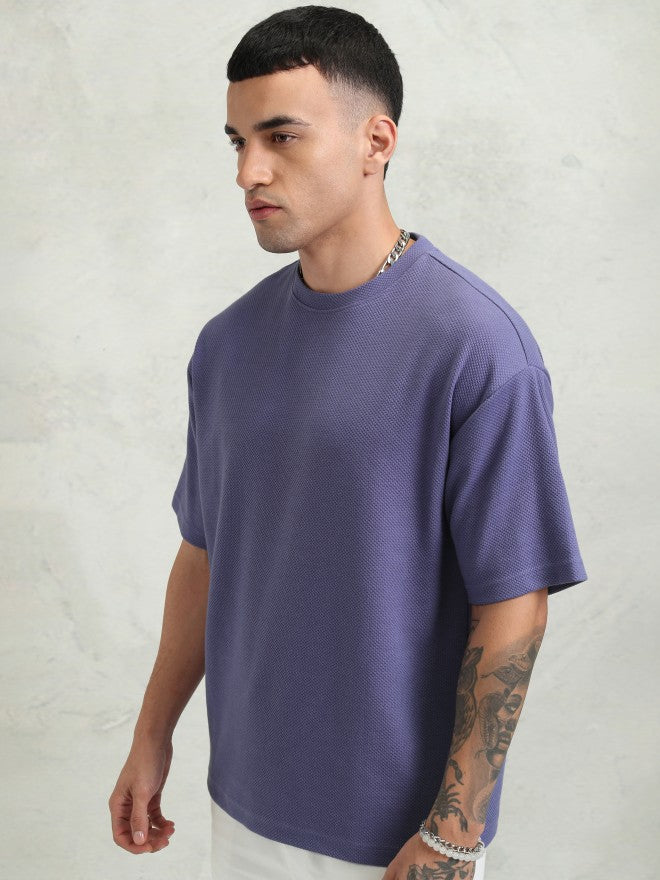 Highlander Men Purple Self Design Round Neck Oversized Fit T-Shirt - Purple - Image 4