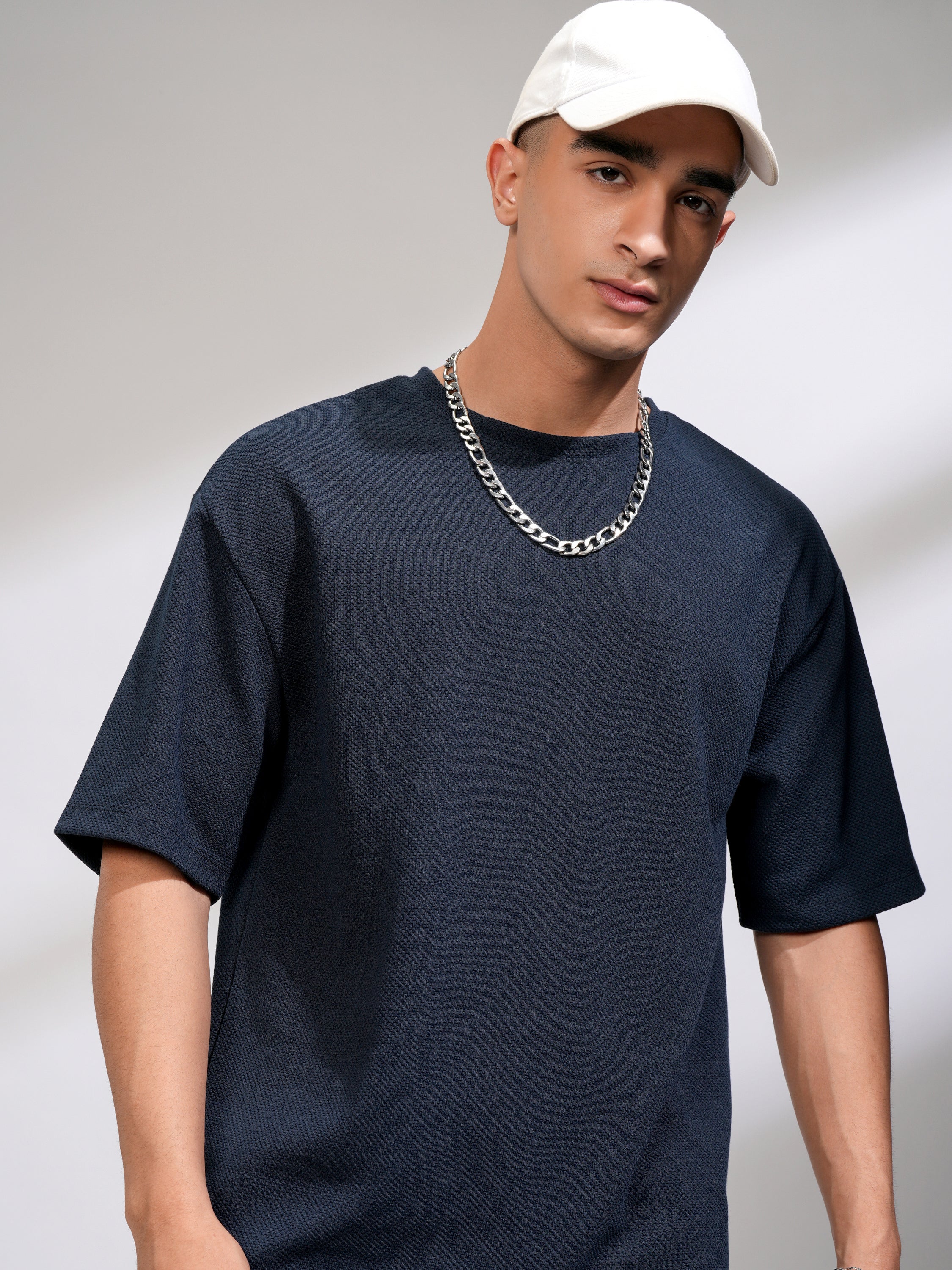 Highlander Men Navy Blue Self Design Round Neck Oversized Fit T-Shirt - Navy Blue - Image 1
