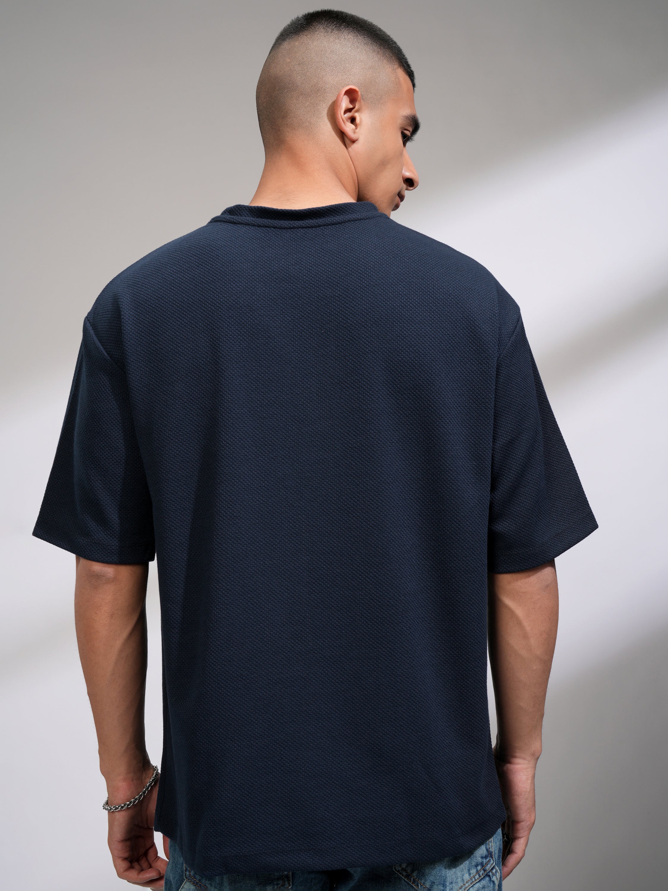 Highlander Men Navy Blue Self Design Round Neck Oversized Fit T-Shirt - Navy Blue - Image 3