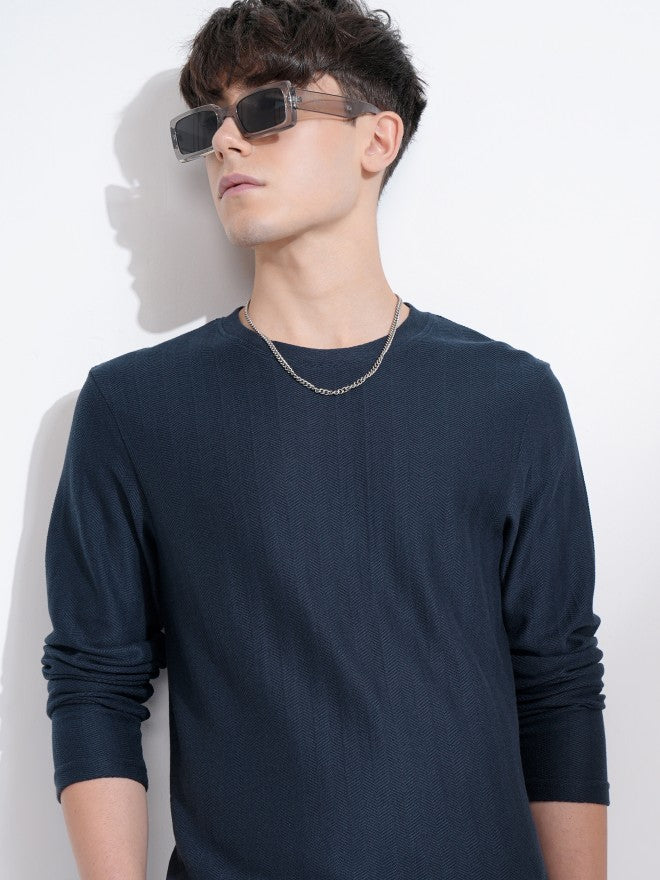 Highlander Men Navy Blue Self Design Round Neck Relaxed Fit T-Shirt - Navy Blue - Image 1