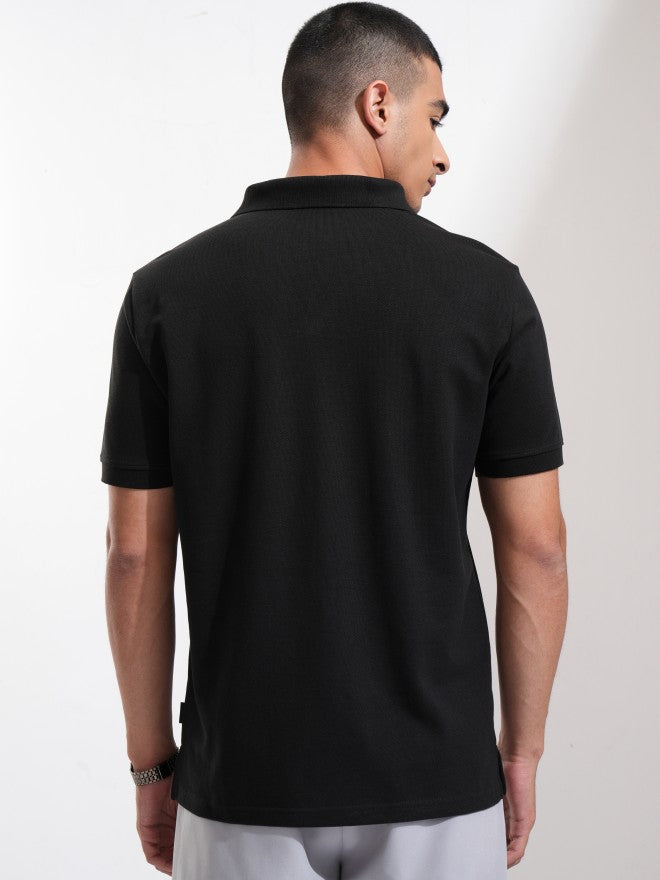 Highlander Men Black Solid Polo Collar T-Shirt - Black - Image 3