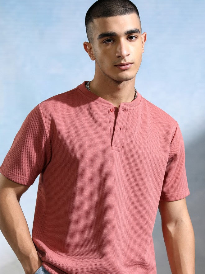 Highlander Men Peach Self Design Henley Neck T-Shirt - Peach - Image 1
