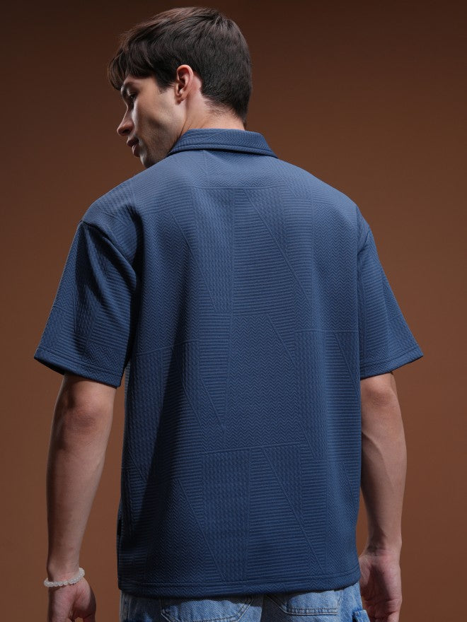 Highlander Men Blue Self Design Polo Collar T-Shirt - Blue - Image 3