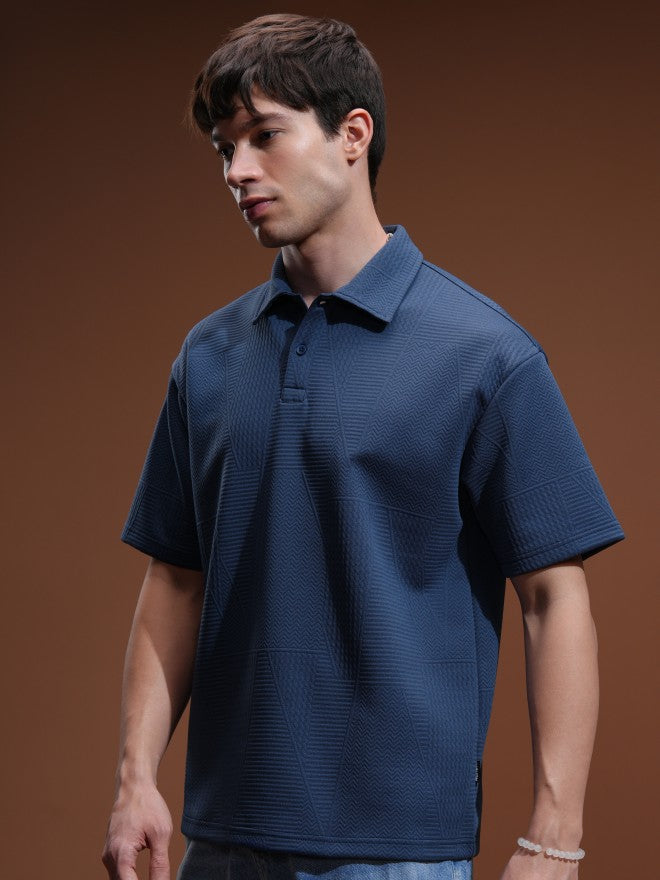 Highlander Men Blue Self Design Polo Collar T-Shirt - Blue - Image 4