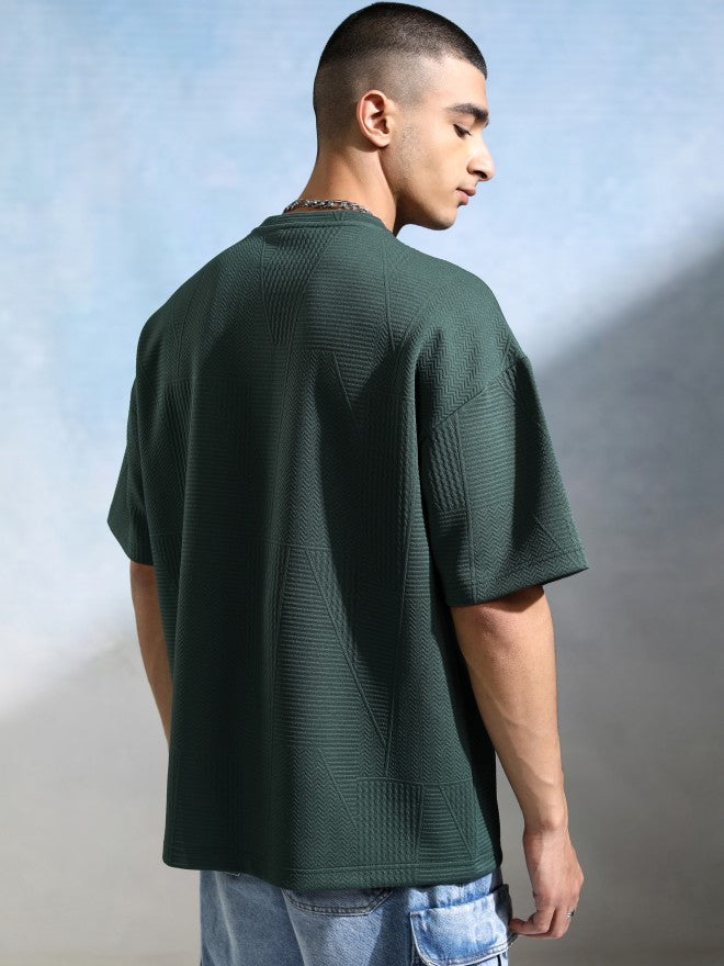 Highlander Men Teal Self Design Round Neck Oversized Fit T-Shirt - Teal - Image 3