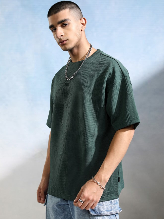 Highlander Men Teal Self Design Round Neck Oversized Fit T-Shirt - Teal - Image 4