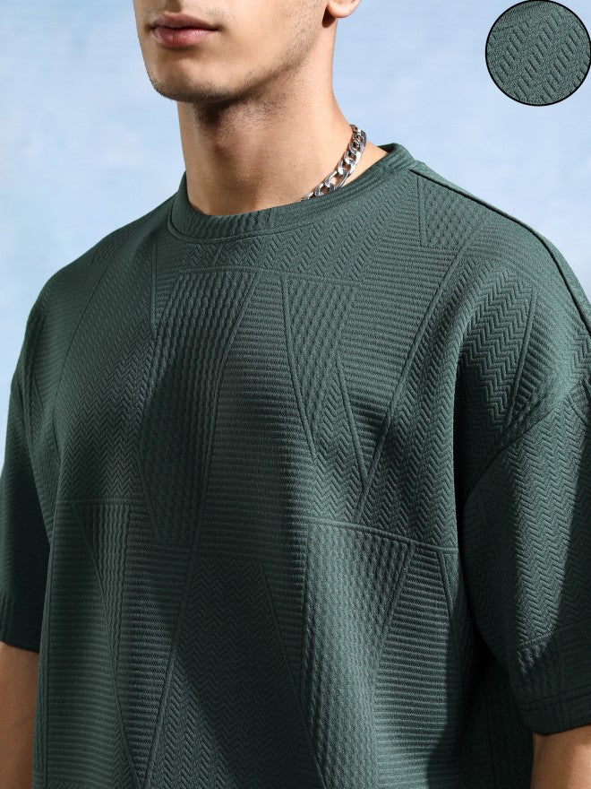 Highlander Men Teal Self Design Round Neck Oversized Fit T-Shirt - Teal - Image 5