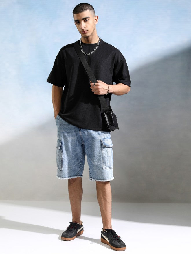 Highlander Men Black Self Design Round Neck Oversized Fit T-Shirt - Black - Image 2