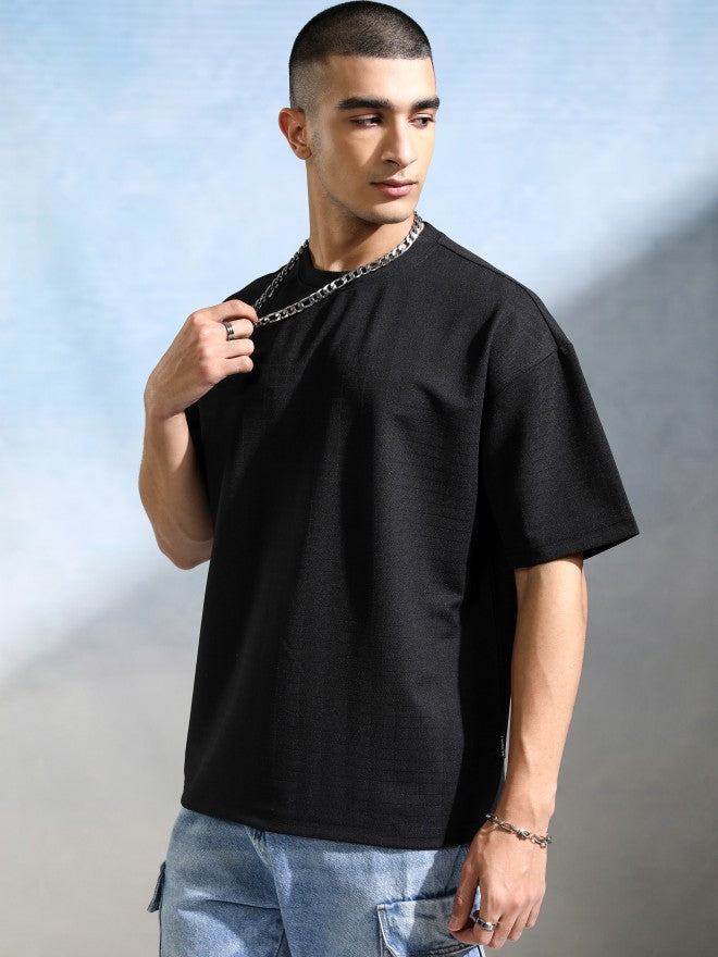 Highlander Men Black Self Design Round Neck Oversized Fit T-Shirt - Black - Image 4