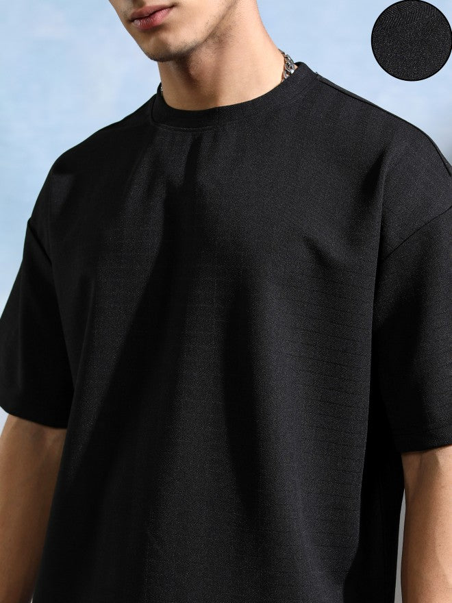 Highlander Men Black Self Design Round Neck Oversized Fit T-Shirt - Black - Image 5