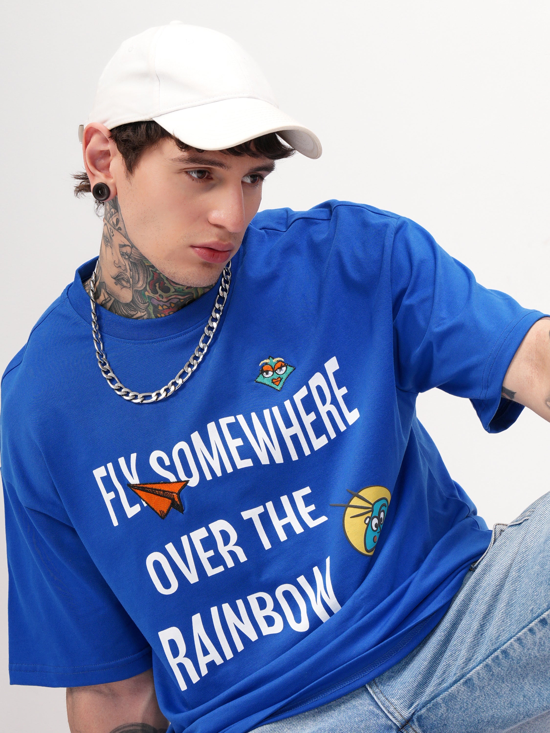 Highlander Men Blue Printed Round Neck Oversized Fit T-Shirt - Blue - Image 1
