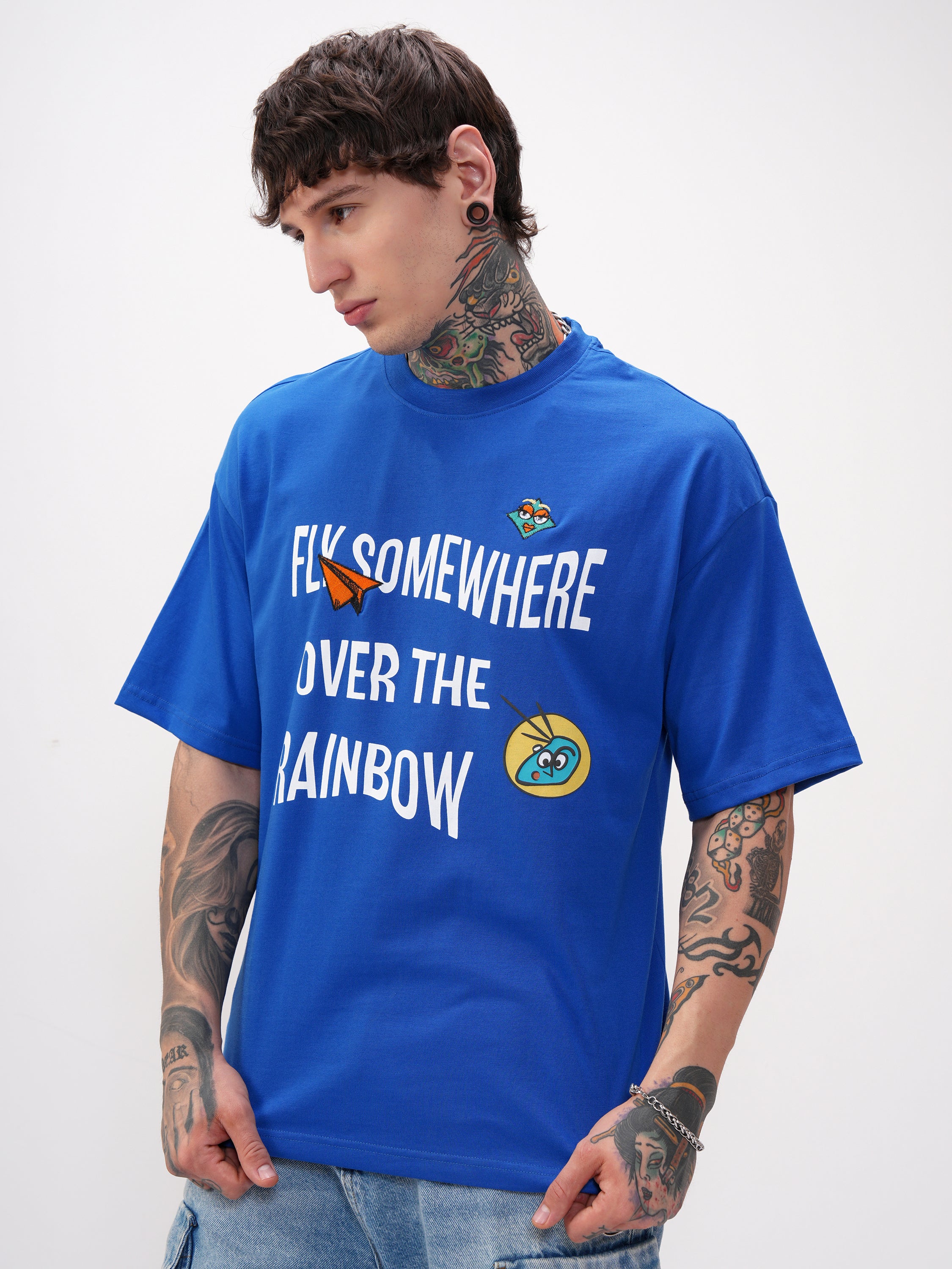 Highlander Men Blue Printed Round Neck Oversized Fit T-Shirt - Blue - Image 4