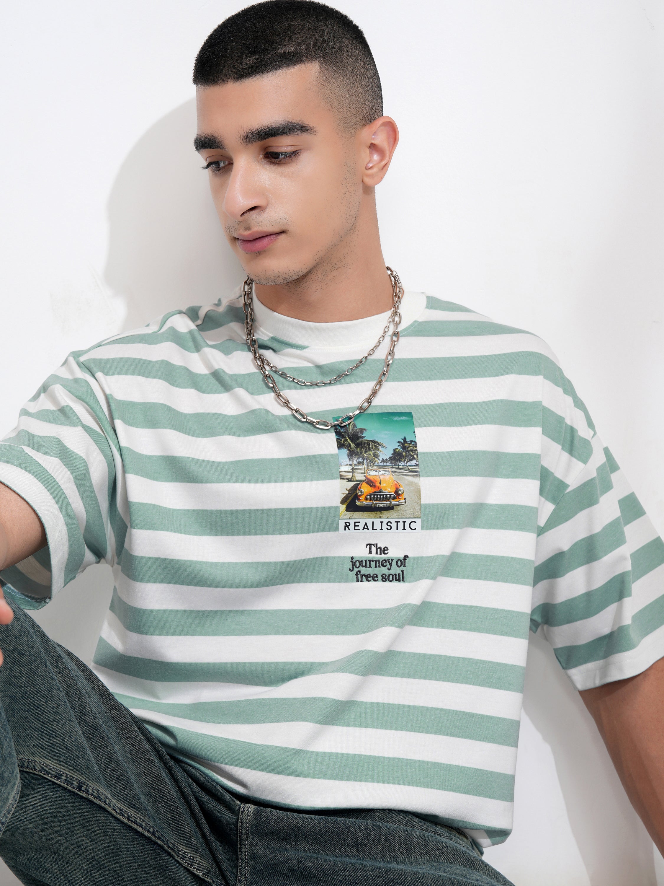 Highlander Men Sea Green Printed Round Neck Oversized Fit T-Shirt - Sea Green - Image 1