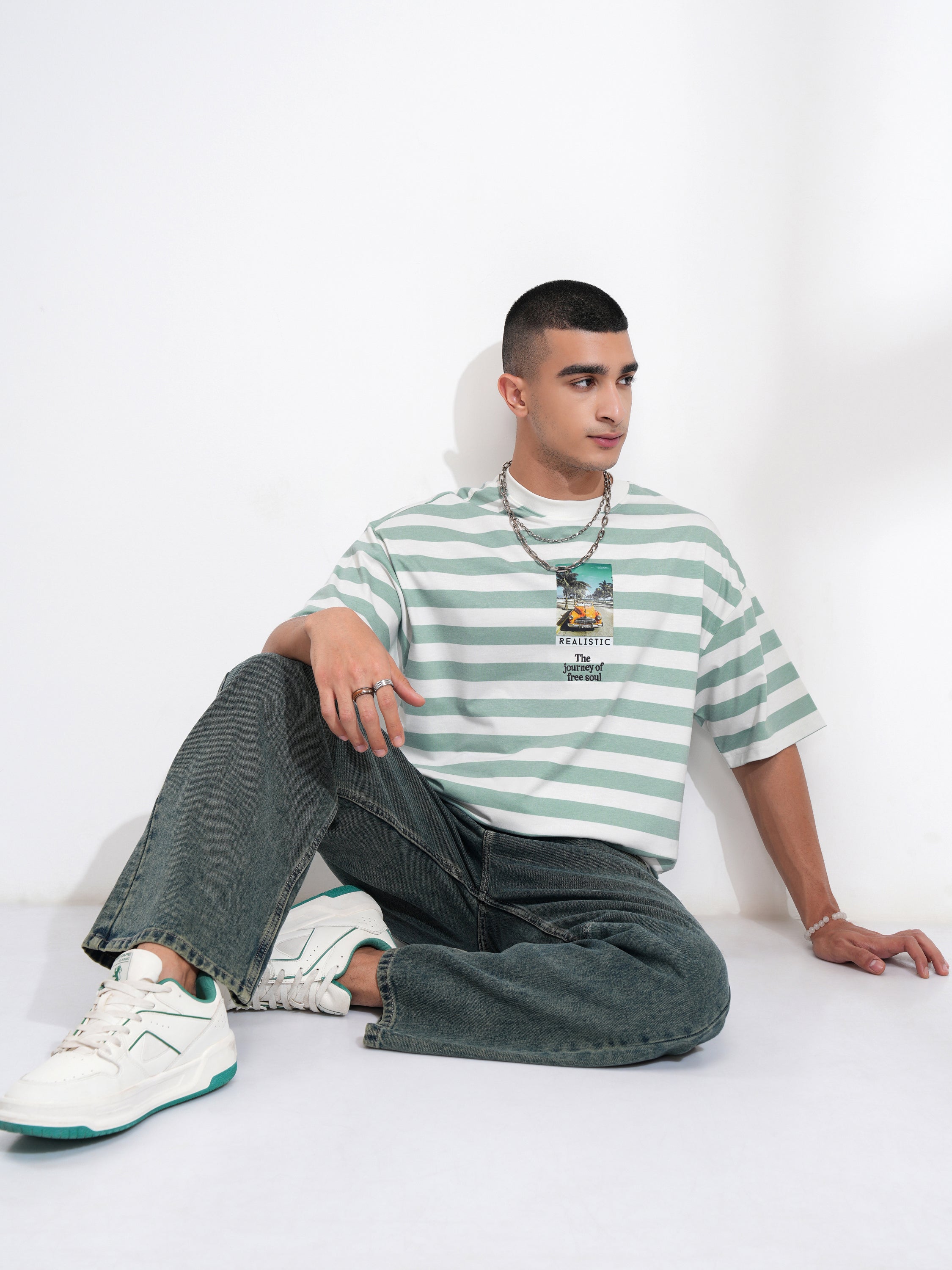 Highlander Men Sea Green Printed Round Neck Oversized Fit T-Shirt - Sea Green - Image 2