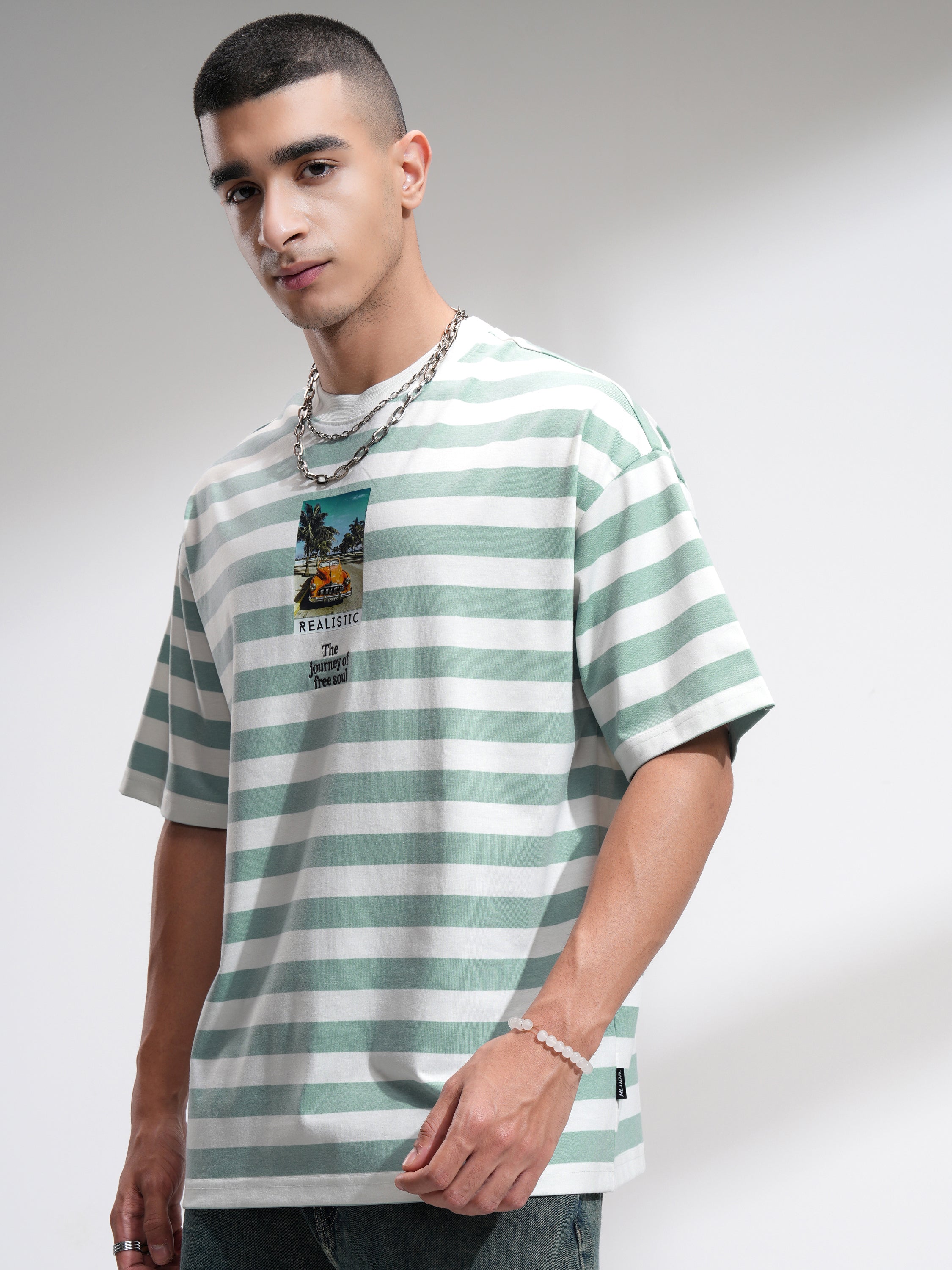 Highlander Men Sea Green Printed Round Neck Oversized Fit T-Shirt - Sea Green - Image 4