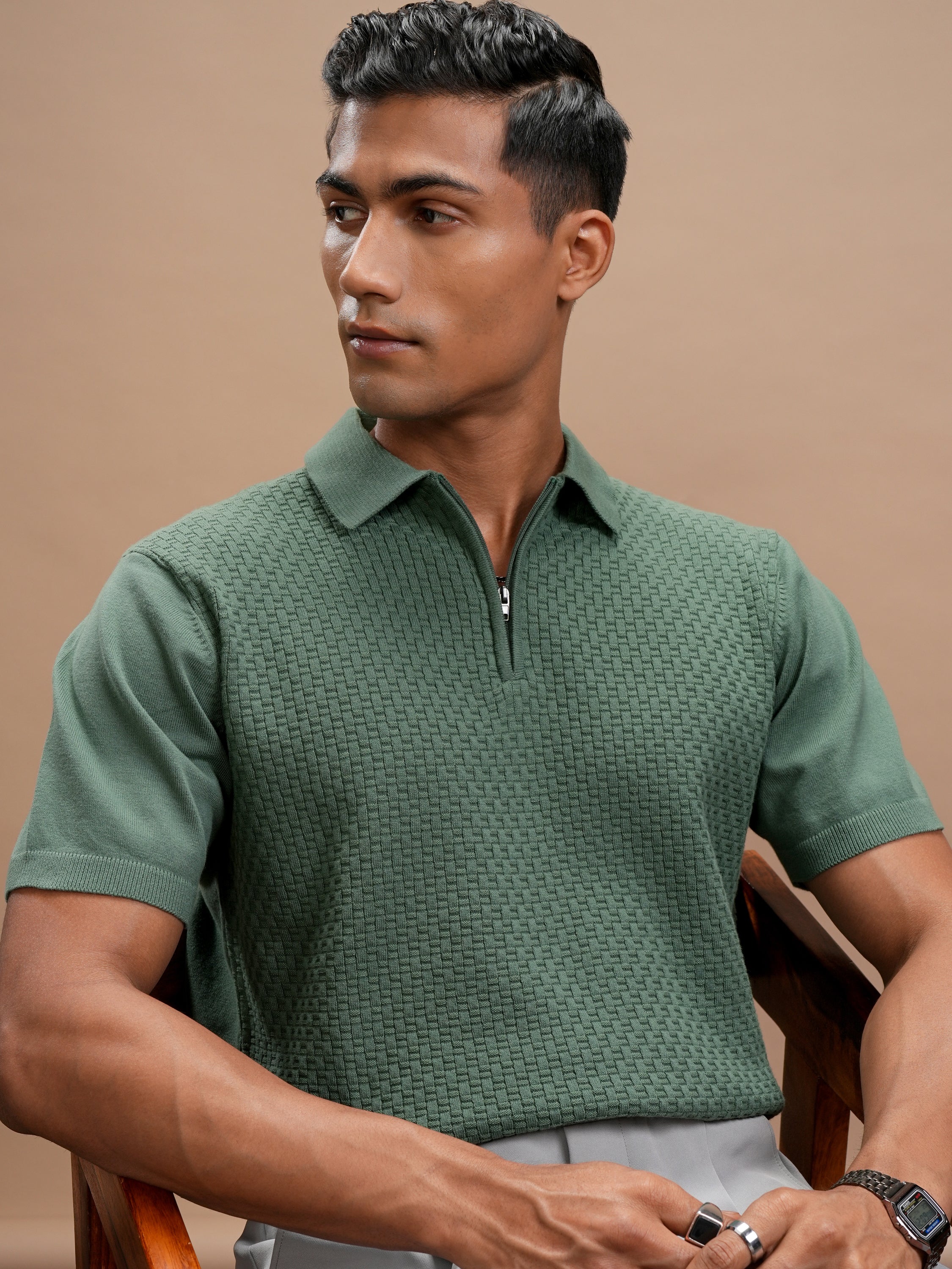 Highlander Men Green Self Design Polo Collar Regular Fit T-Shirt - Green - Image 1