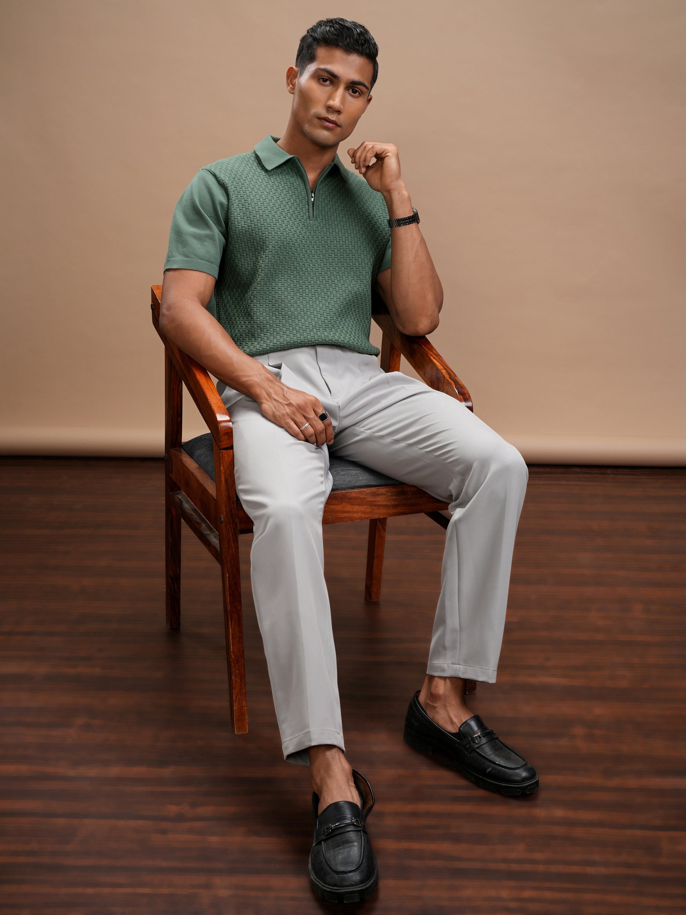 Highlander Men Green Self Design Polo Collar Regular Fit T-Shirt - Green - Image 2