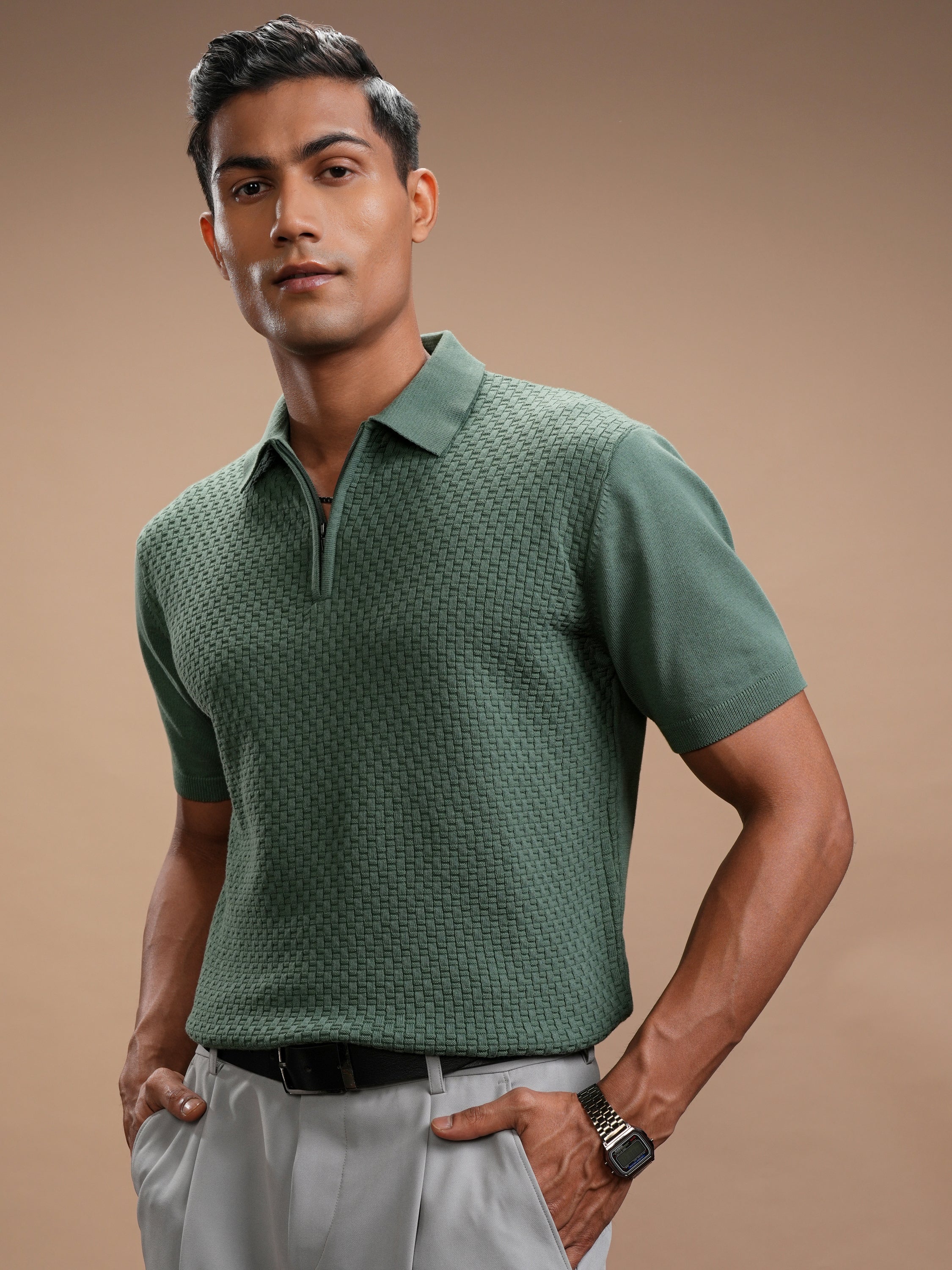 Highlander Men Green Self Design Polo Collar Regular Fit T-Shirt - Green - Image 4
