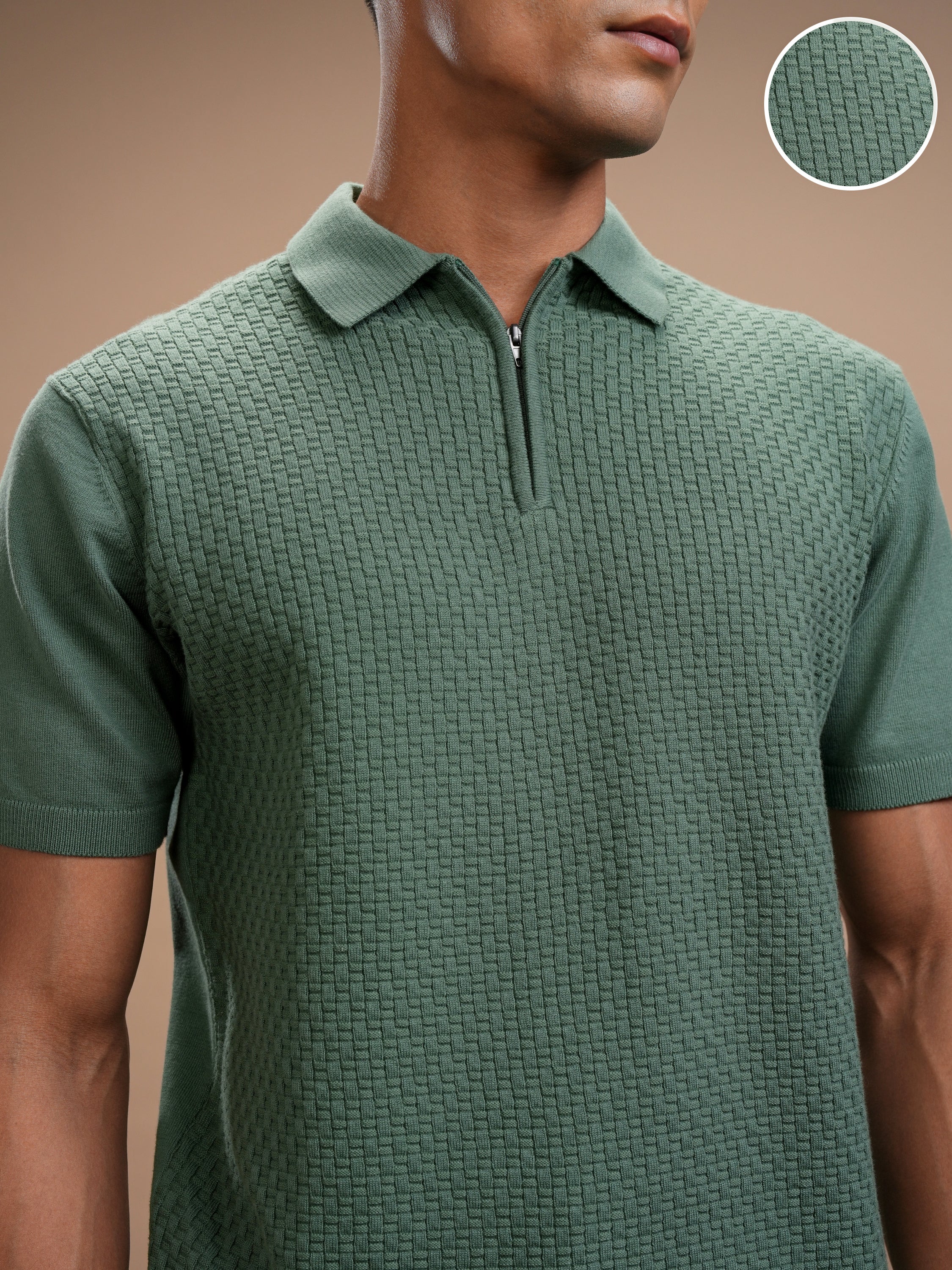 Highlander Men Green Self Design Polo Collar Regular Fit T-Shirt - Green - Image 5