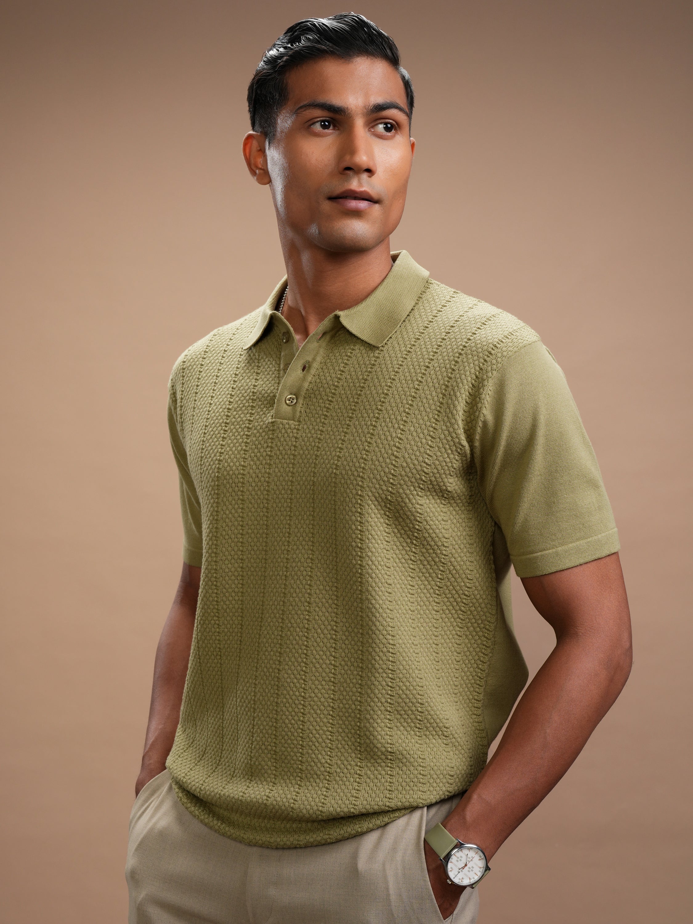 Highlander Men Green Self Design Polo Collar Regular Fit T-Shirt - Green - Image 4
