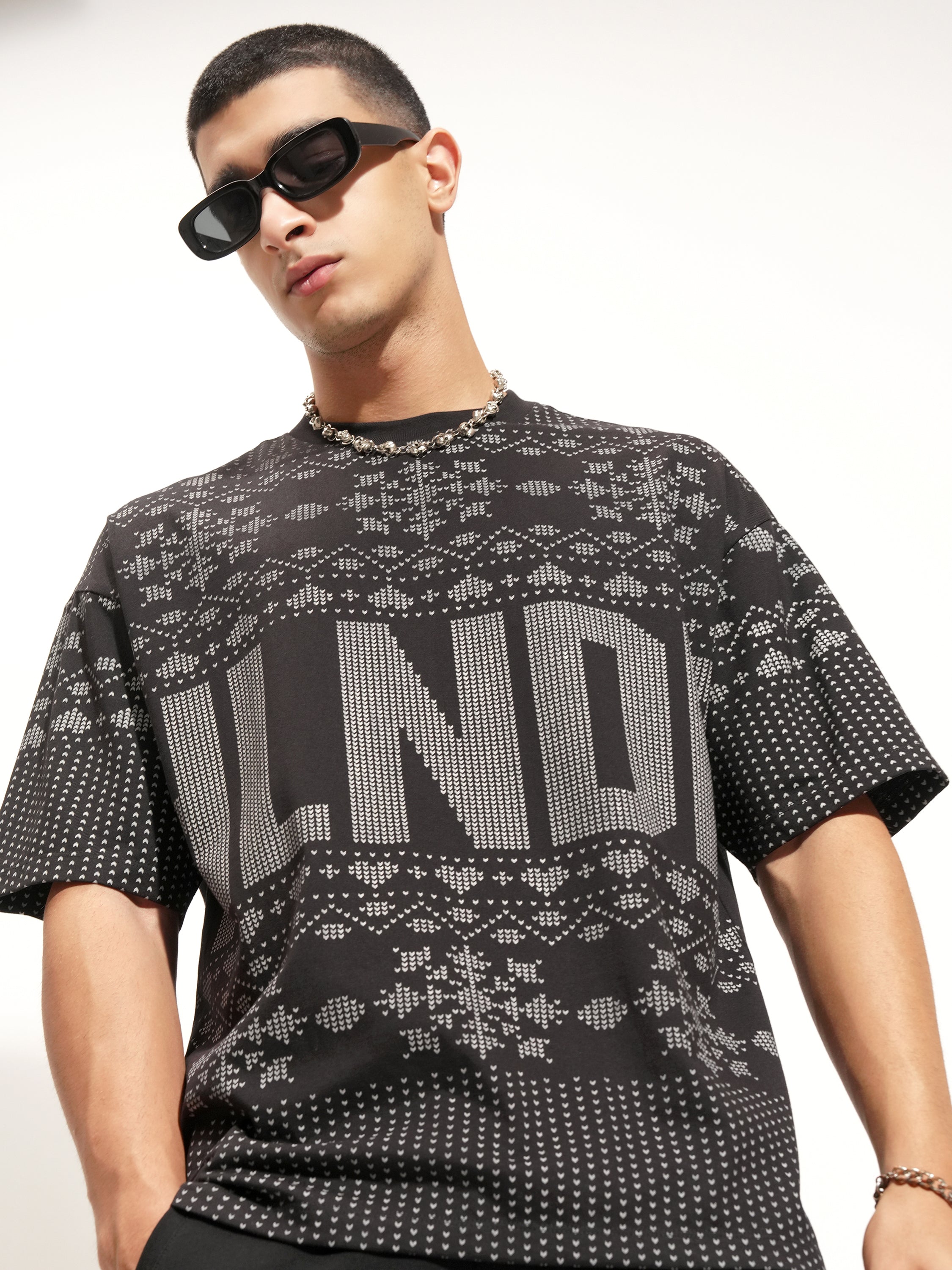 Highlander Men Black Printed Round Neck Oversized Fit T-Shirt - Black - Image 1