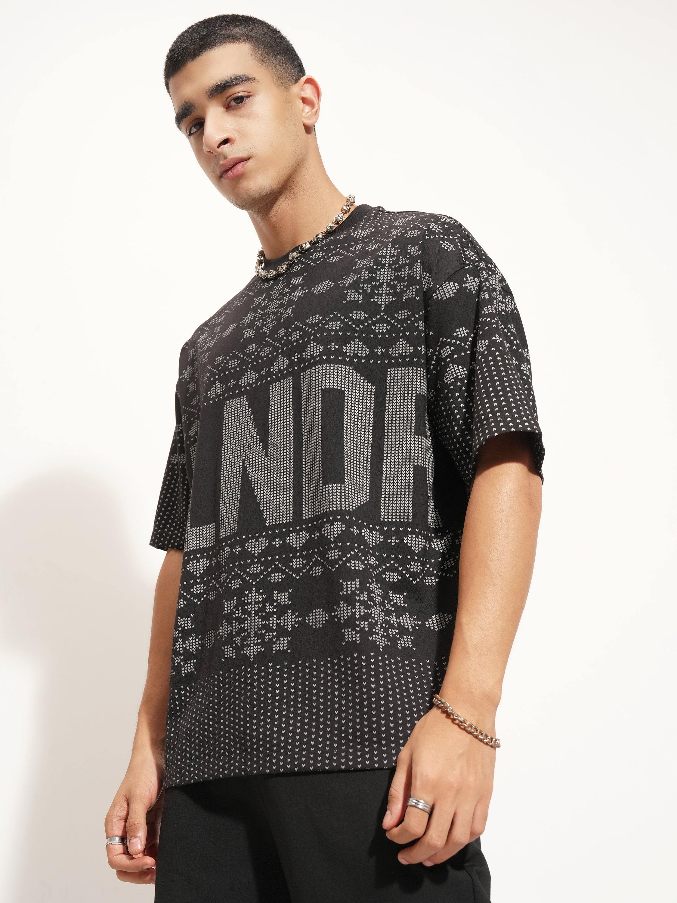 Highlander Men Black Printed Round Neck Oversized Fit T-Shirt - Black - Image 4