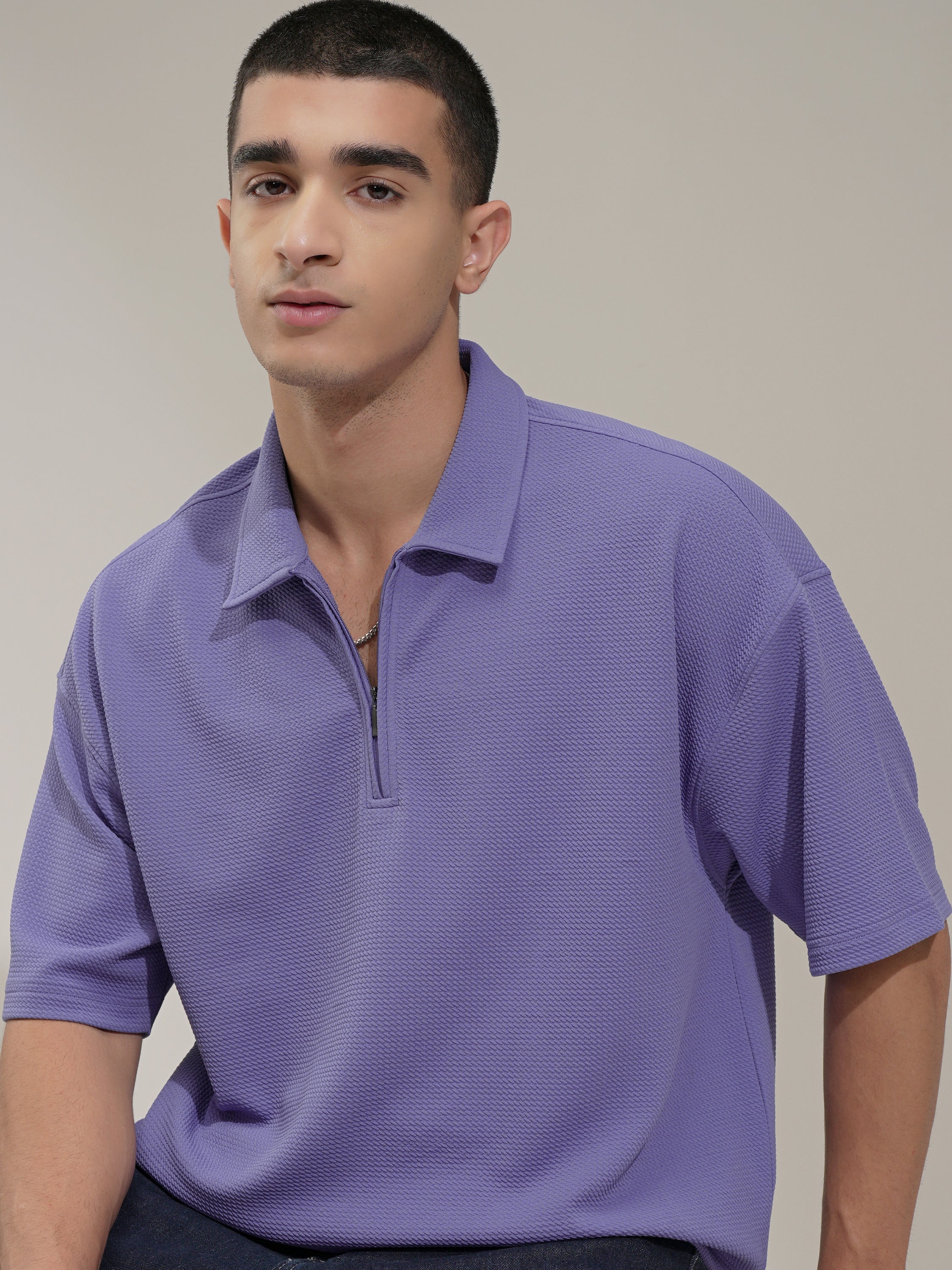 Highlander Men Purple Self Design Polo Collar T-Shirt - Purple - Image 1