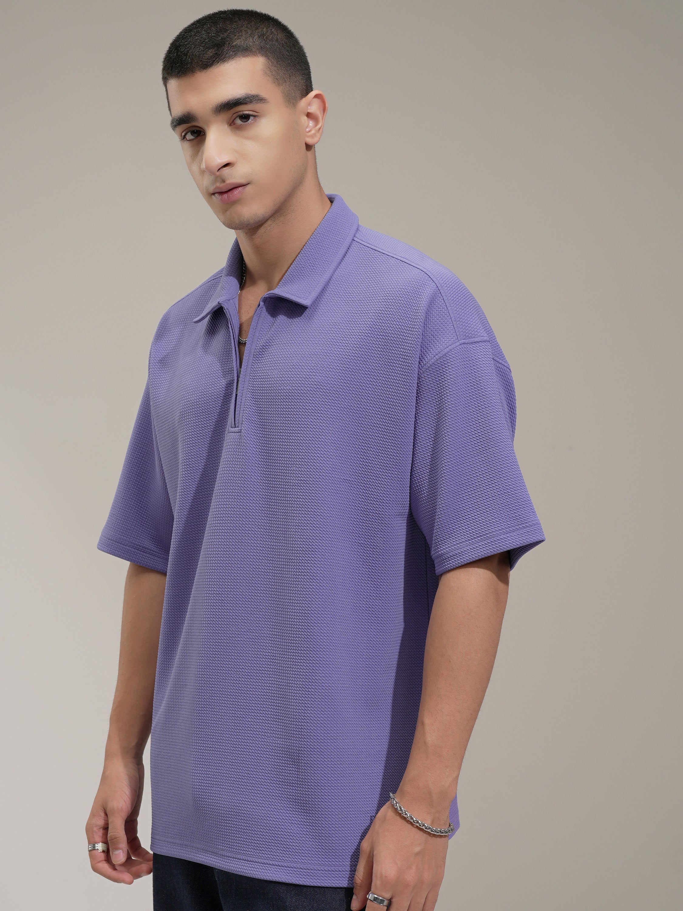 Highlander Men Purple Self Design Polo Collar T-Shirt - Purple - Image 4