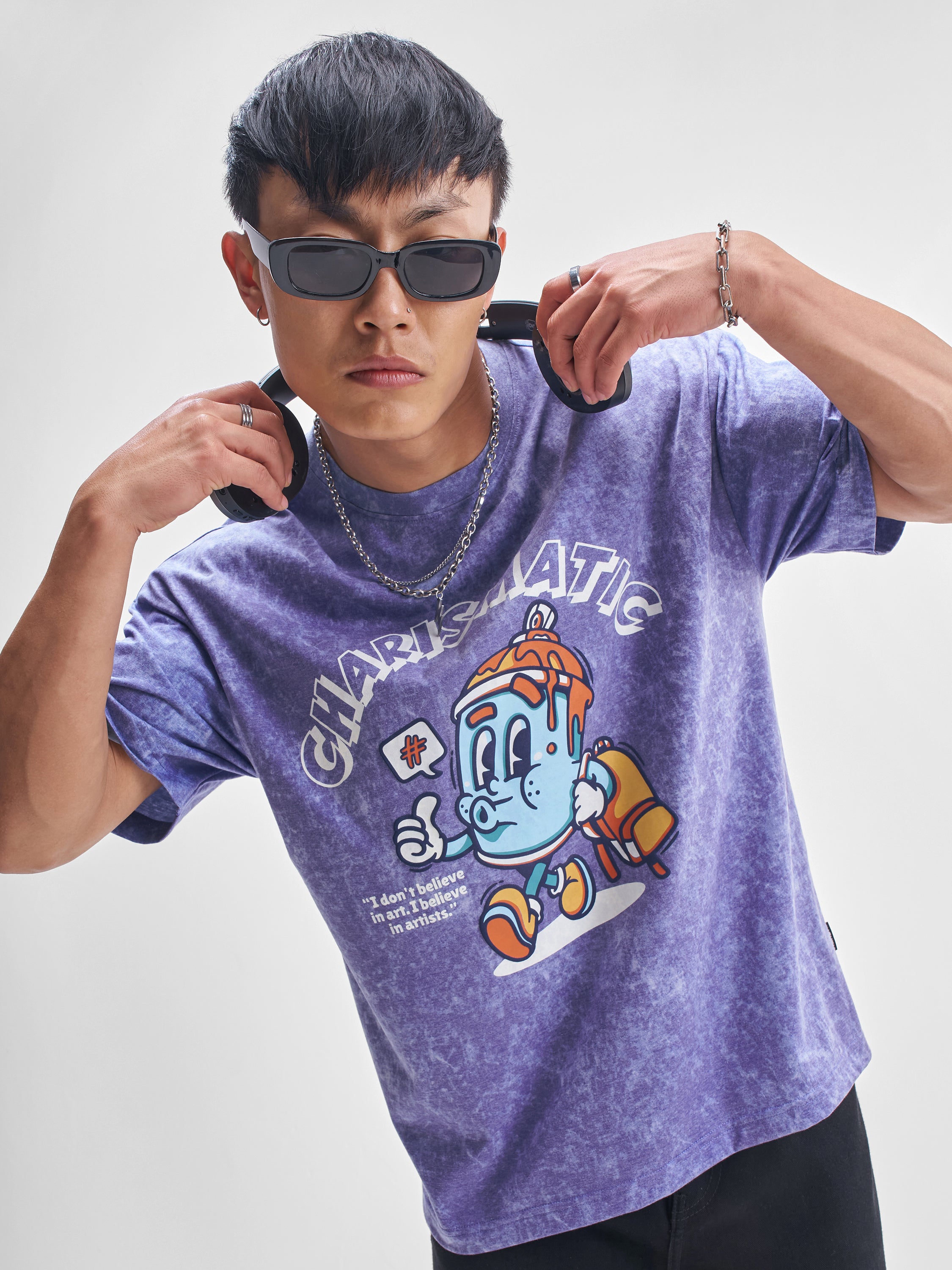 Highlander Men Blue Printed Round Neck Oversized Fit T-Shirt - Blue - Image 1
