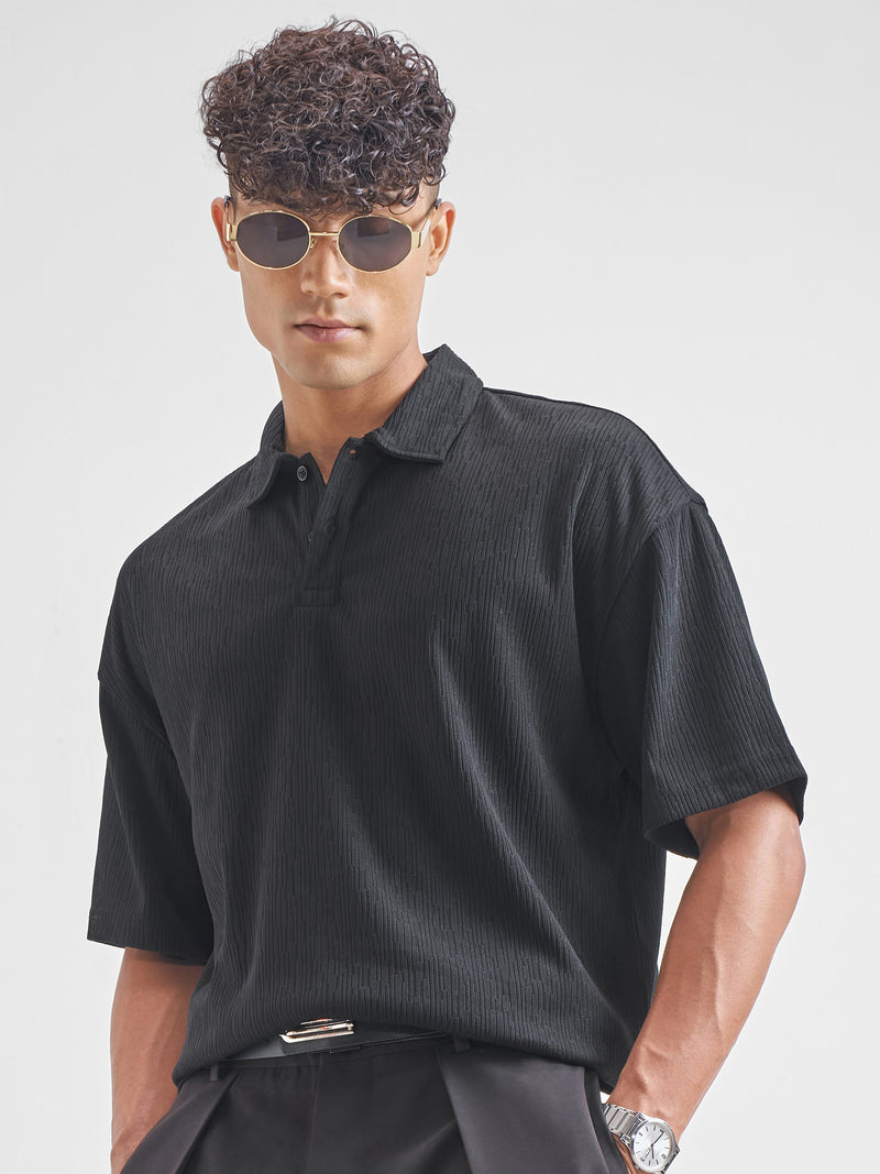 Highlander Men Black Self Design Polo Collar T-Shirt - Black - Image 1