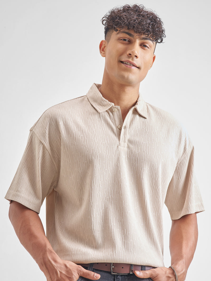 Highlander Men Cream Self Design Polo Collar T-Shirt - Cream - Image 1