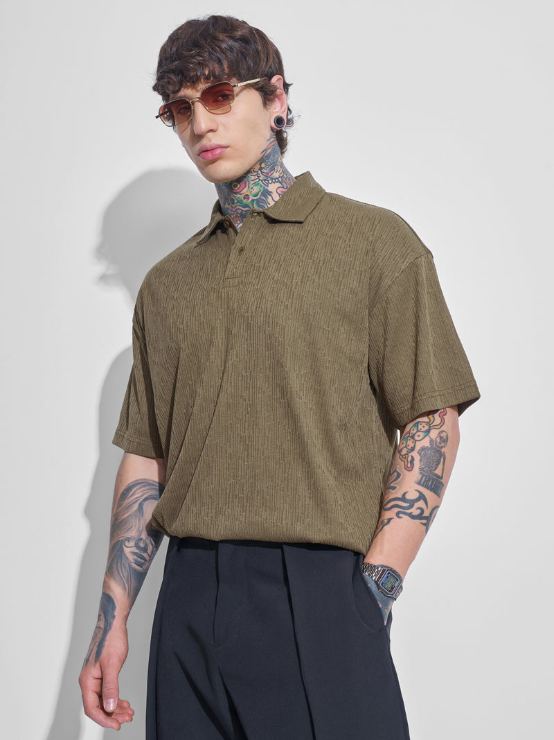 Highlander Men Olive Self Design Polo Collar T-Shirt - Olive - Image 1