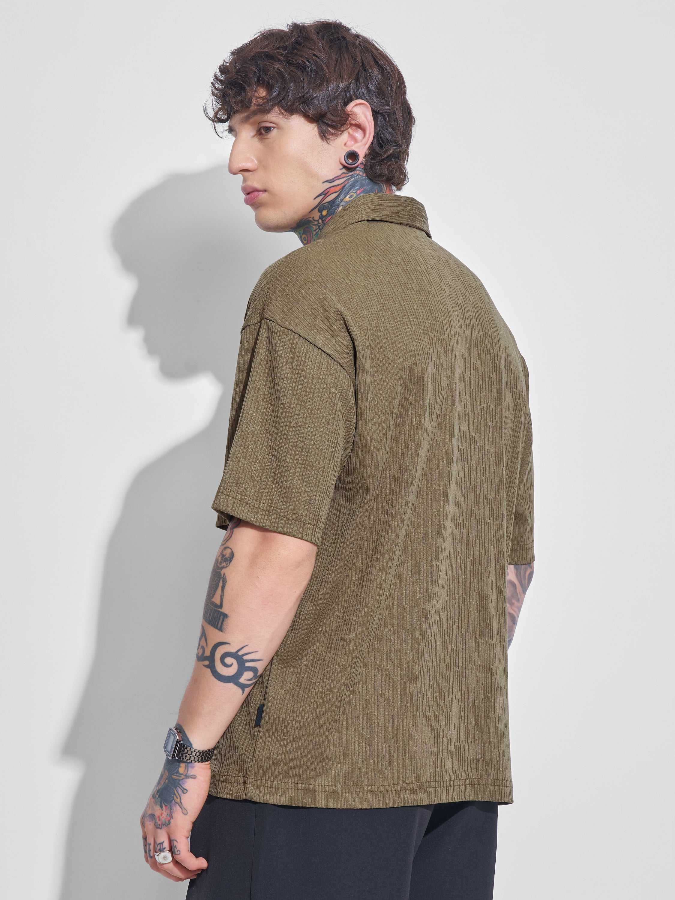 Highlander Men Olive Self Design Polo Collar T-Shirt - Olive - Image 3