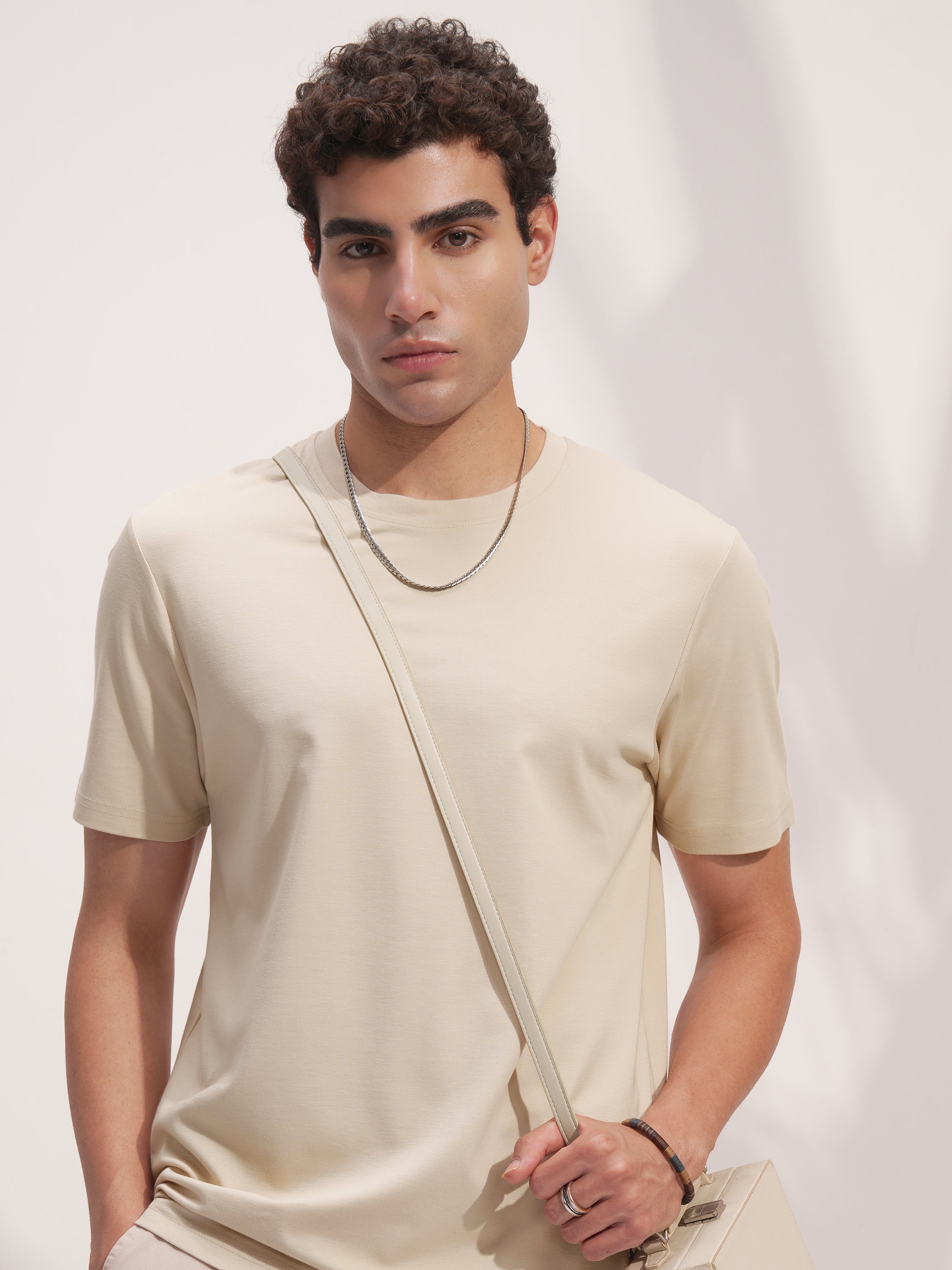 Highlander Men Beige Solid Round Neck T-Shirt - Beige - Image 1