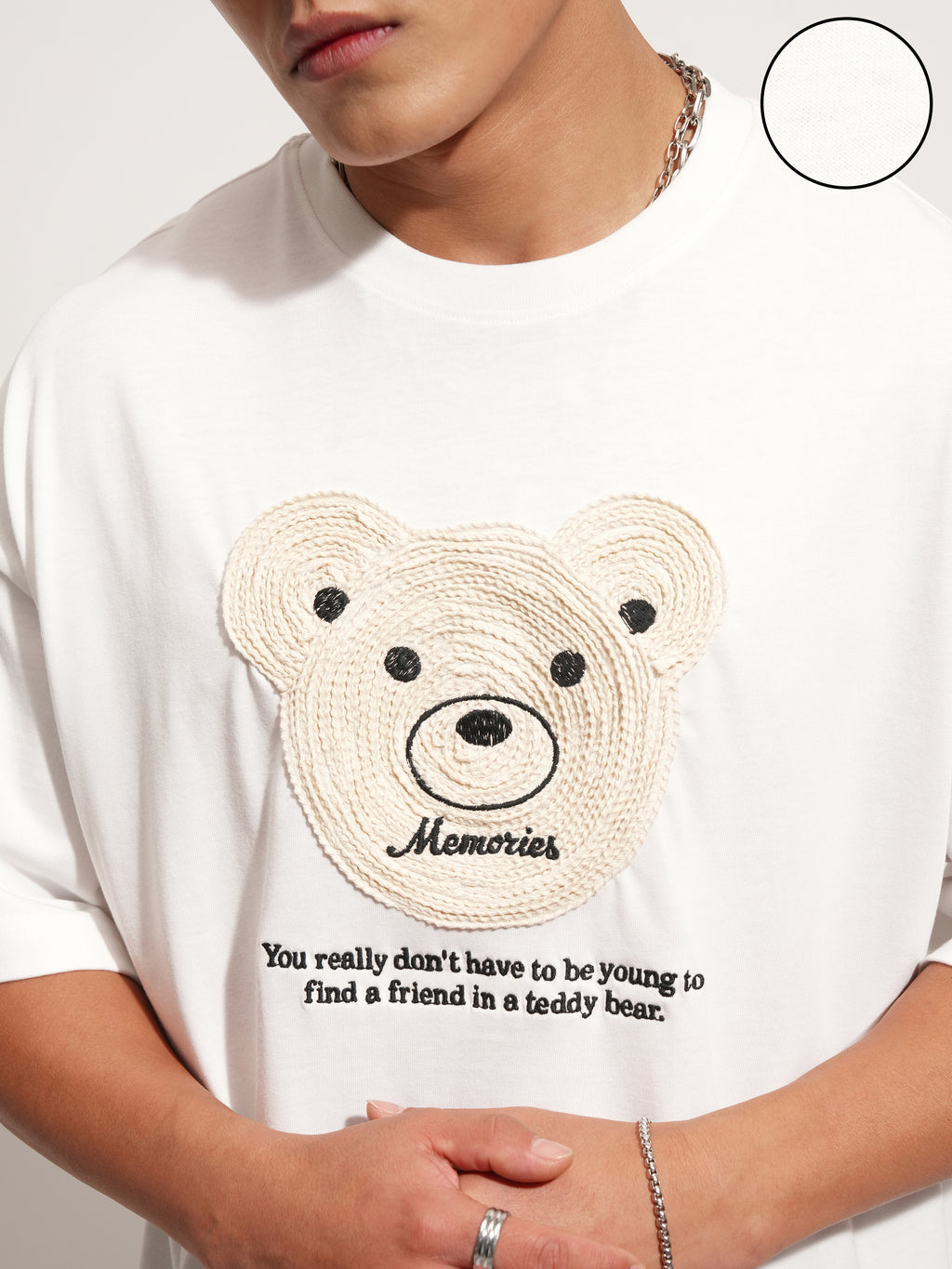 Highlander Men White Applique Round Neck Oversized Fit T-Shirt - White - Image 5