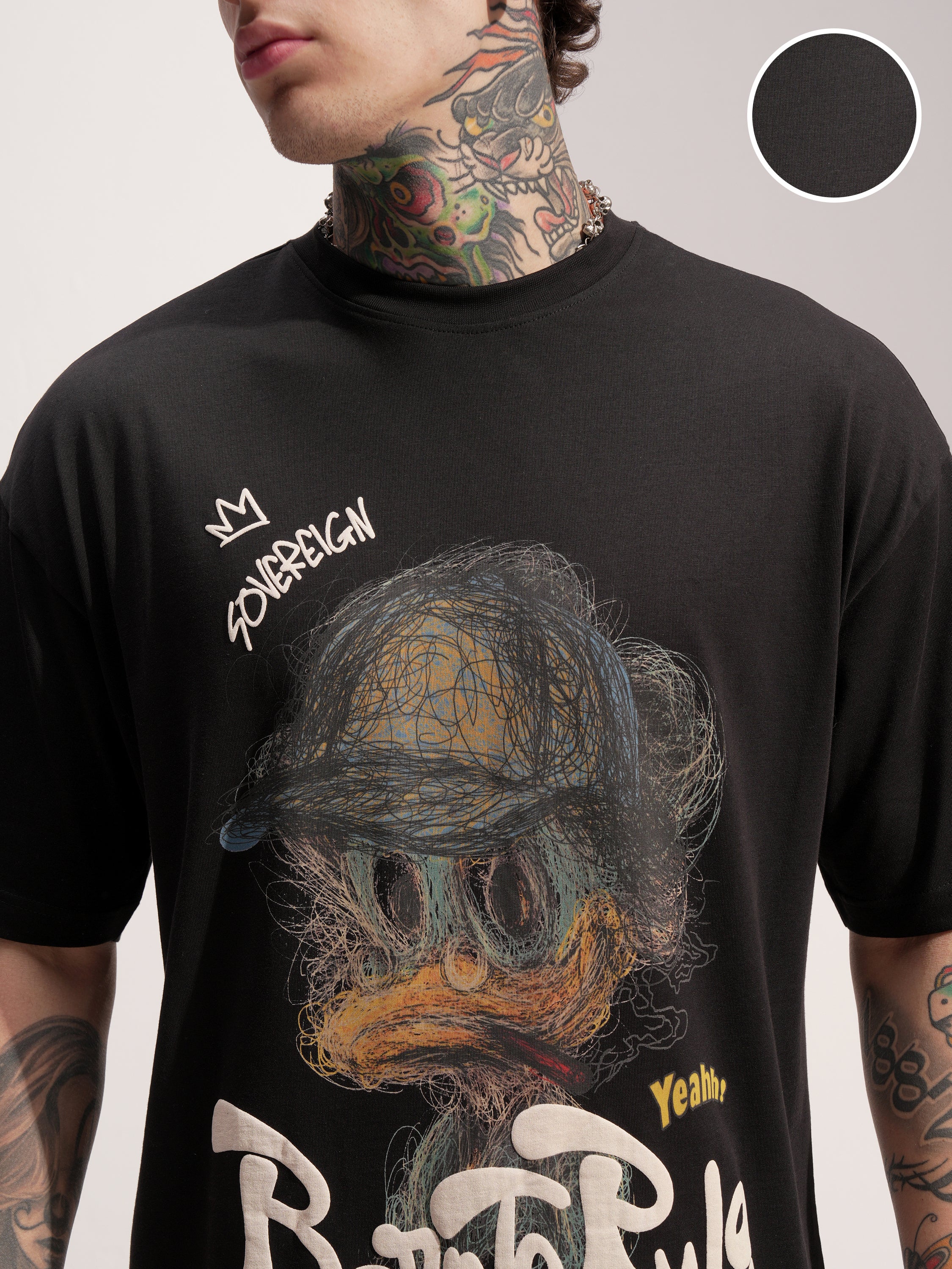 Highlander Men Black Printed Round Neck Oversized Fit T-Shirt - Black - Image 5