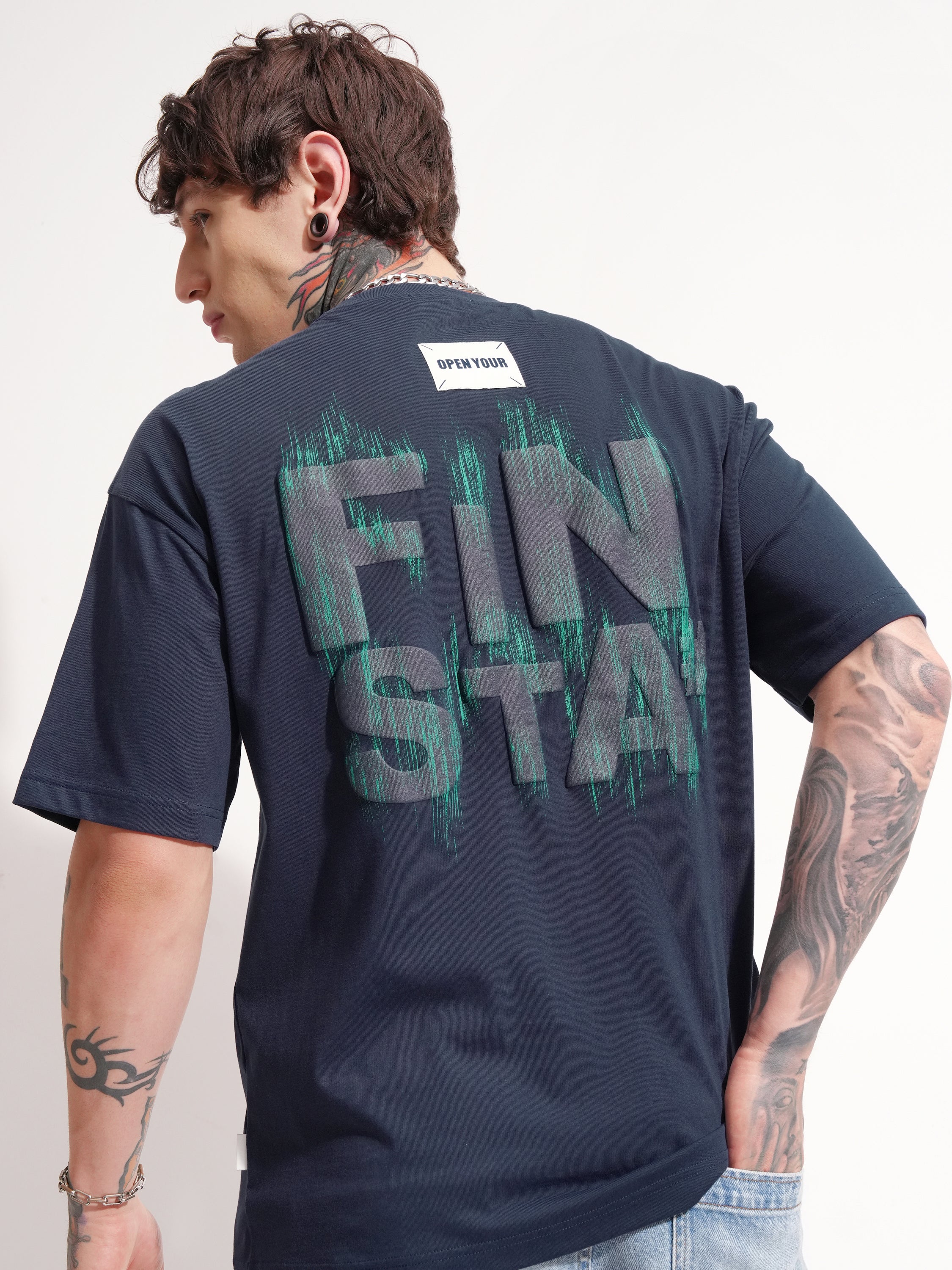 Highlander Men Navy Blue Printed Round Neck Oversized Fit T-Shirt - Navy Blue - Image 1