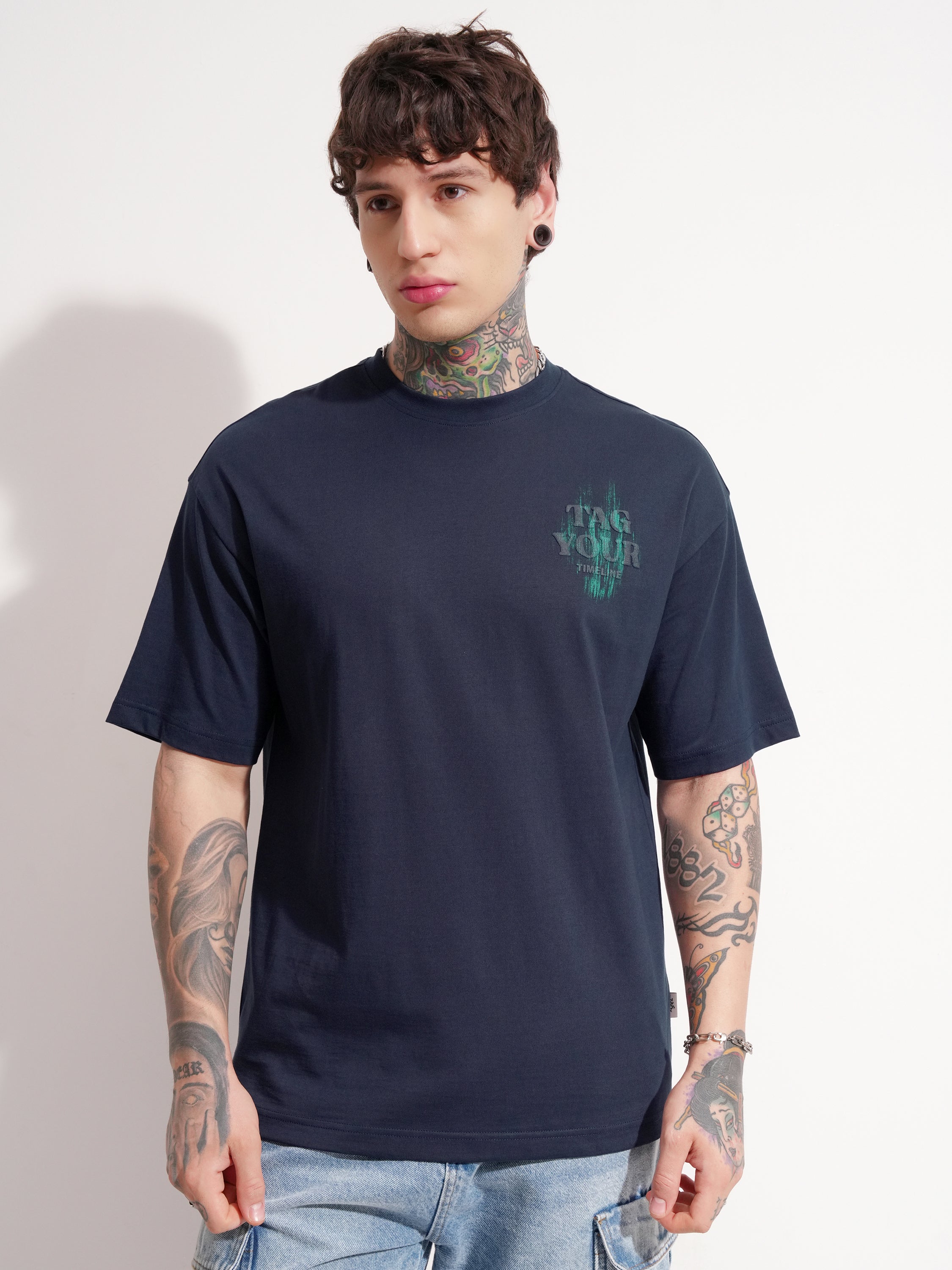 Highlander Men Navy Blue Printed Round Neck Oversized Fit T-Shirt - Navy Blue - Image 3