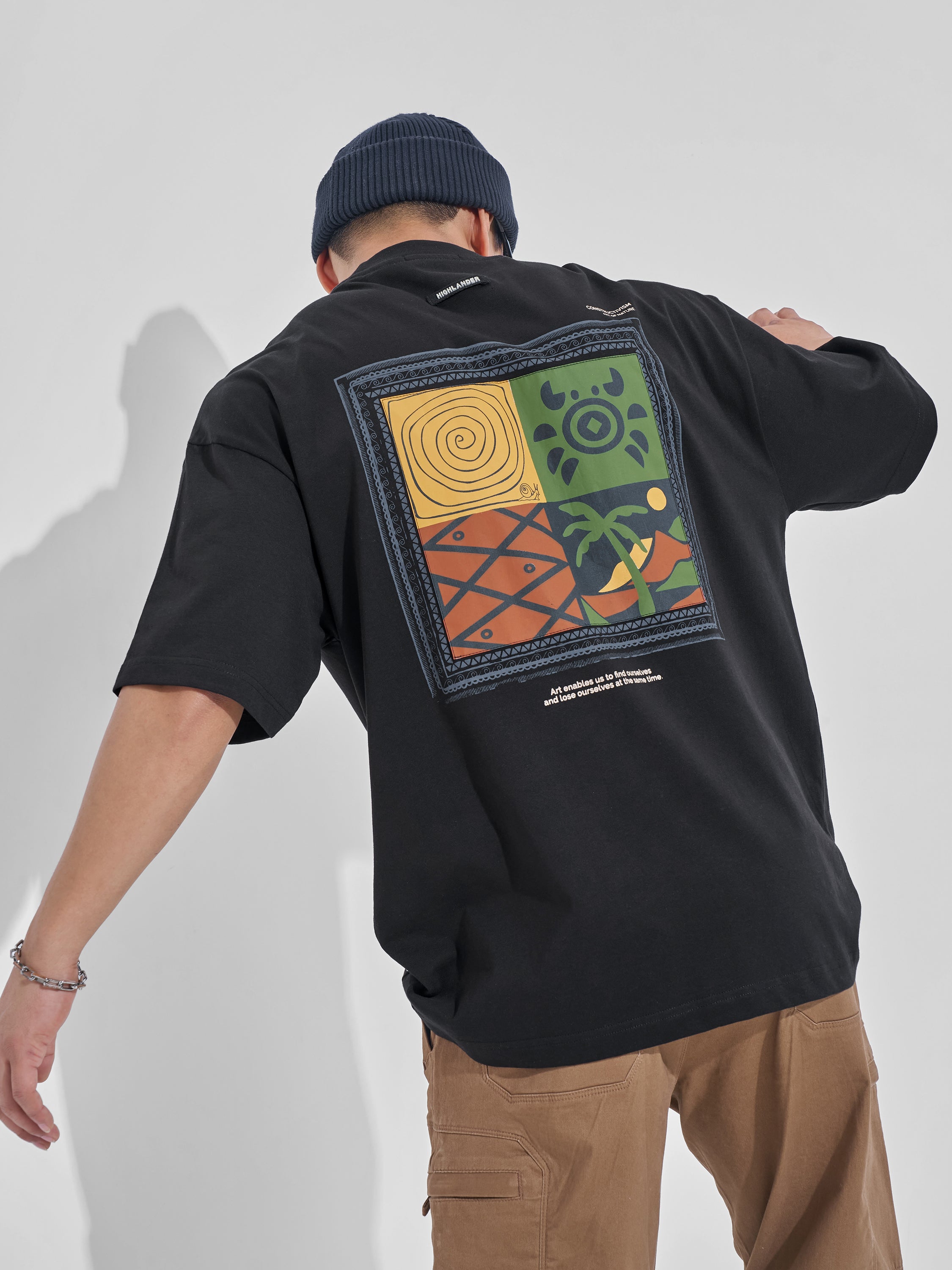 Highlander Men Black Printed Round Neck Oversized Fit T-Shirt - Black - Image 3