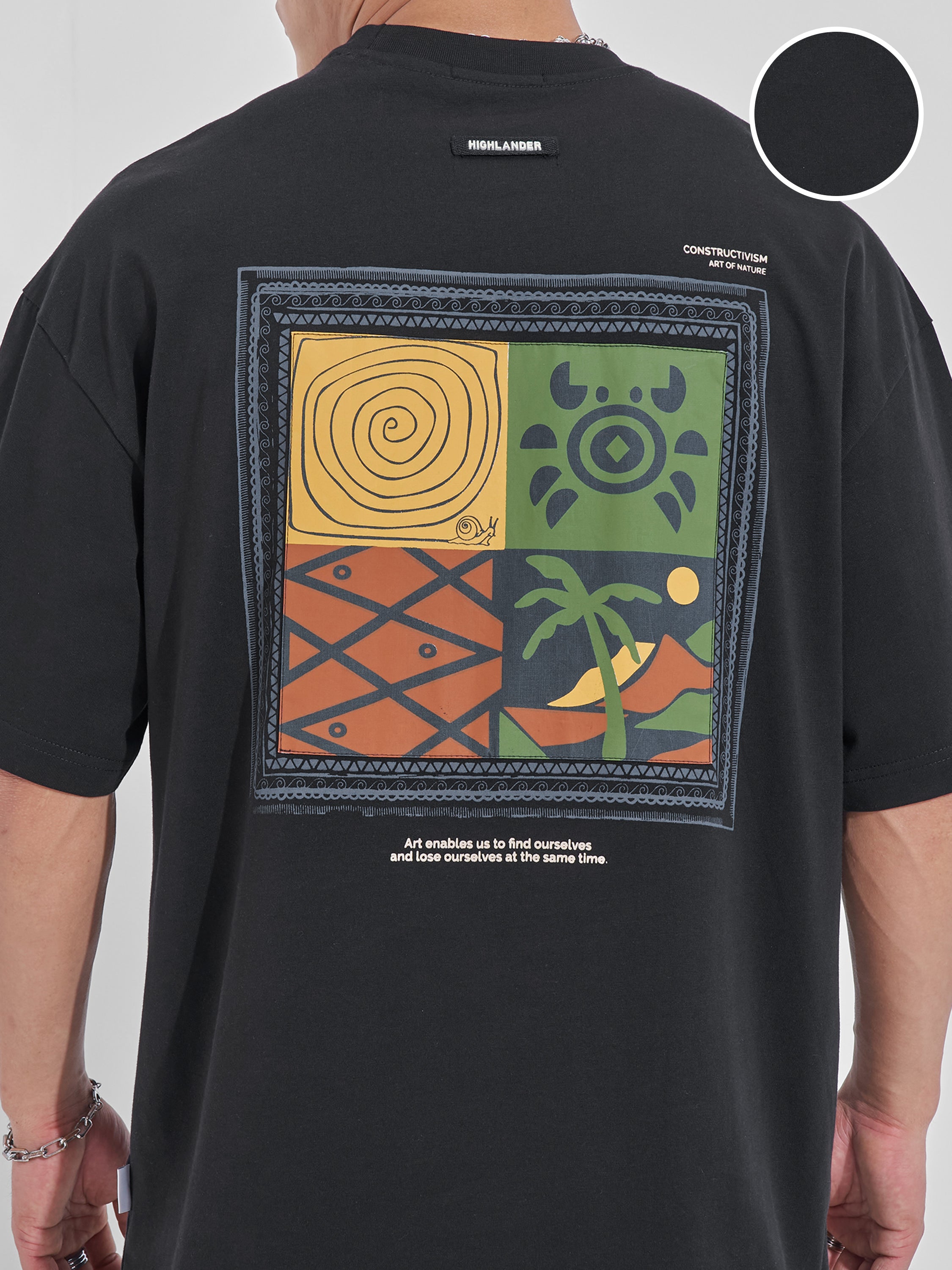 Highlander Men Black Printed Round Neck Oversized Fit T-Shirt - Black - Image 5