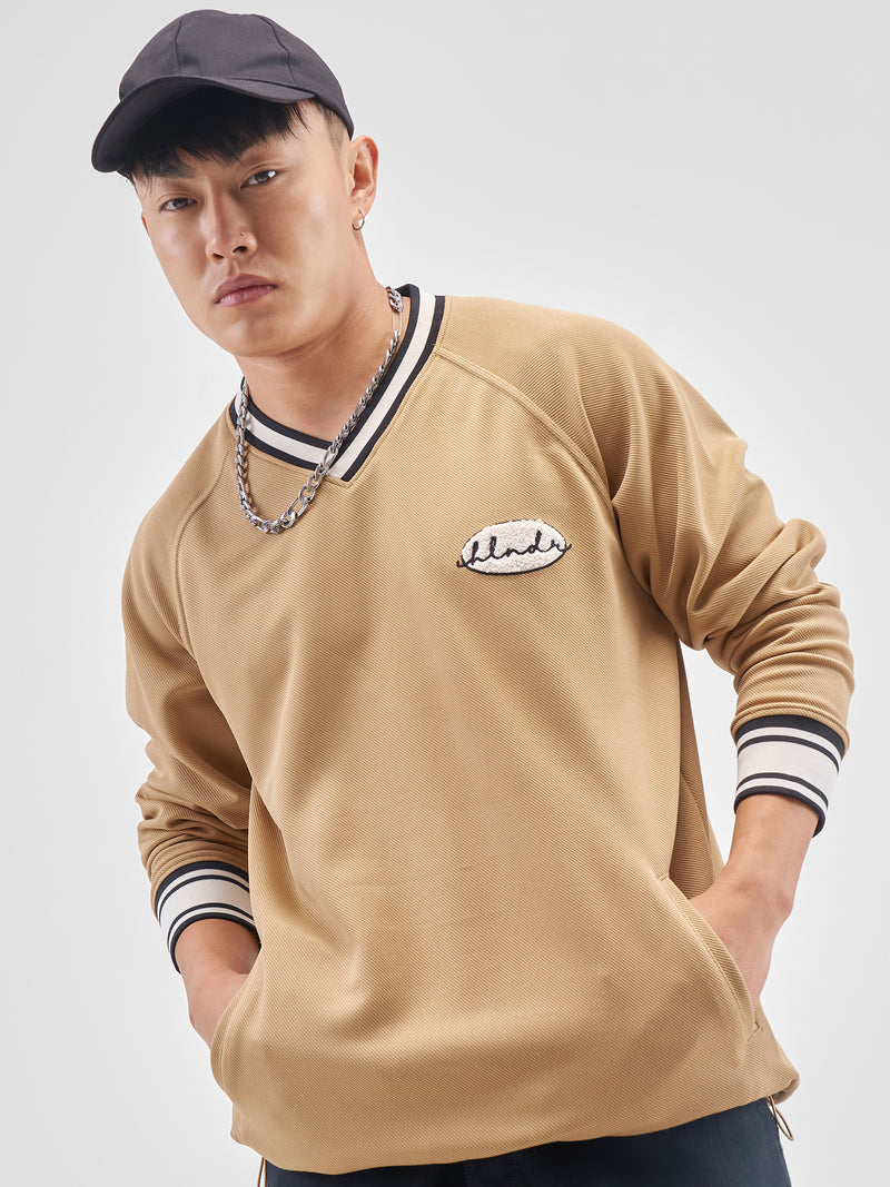 Highlander Men Beige Self Design V-Neck Oversized Fit T-Shirt - Beige - Image 1