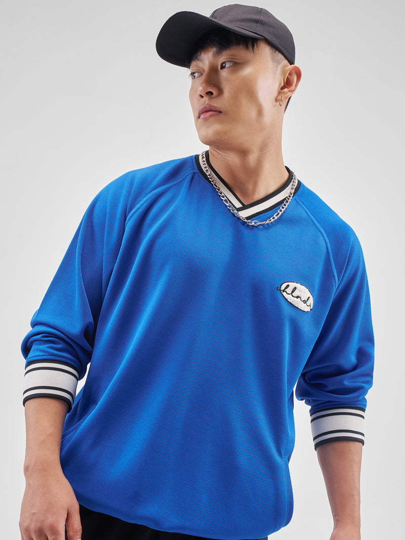 Highlander Men Blue Self Design V-Neck Oversized Fit T-Shirt - Blue - Image 1