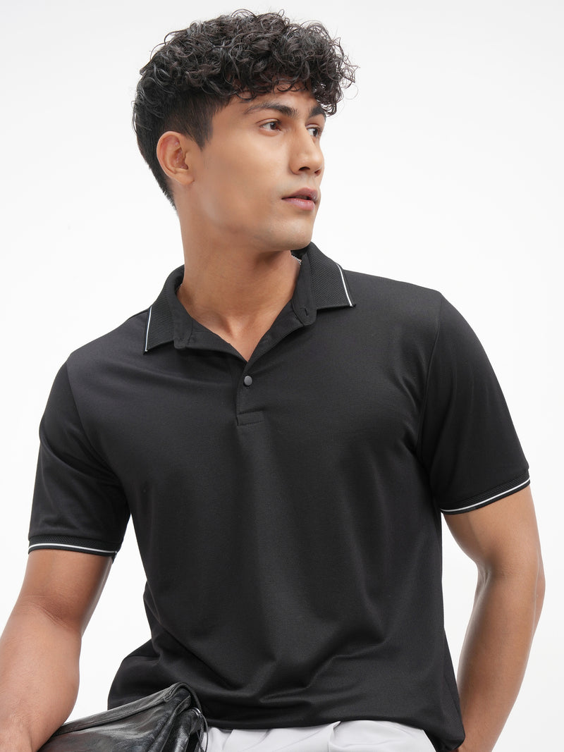 Highlander Men Black Solid Polo Collar T-Shirt - Black - Image 1