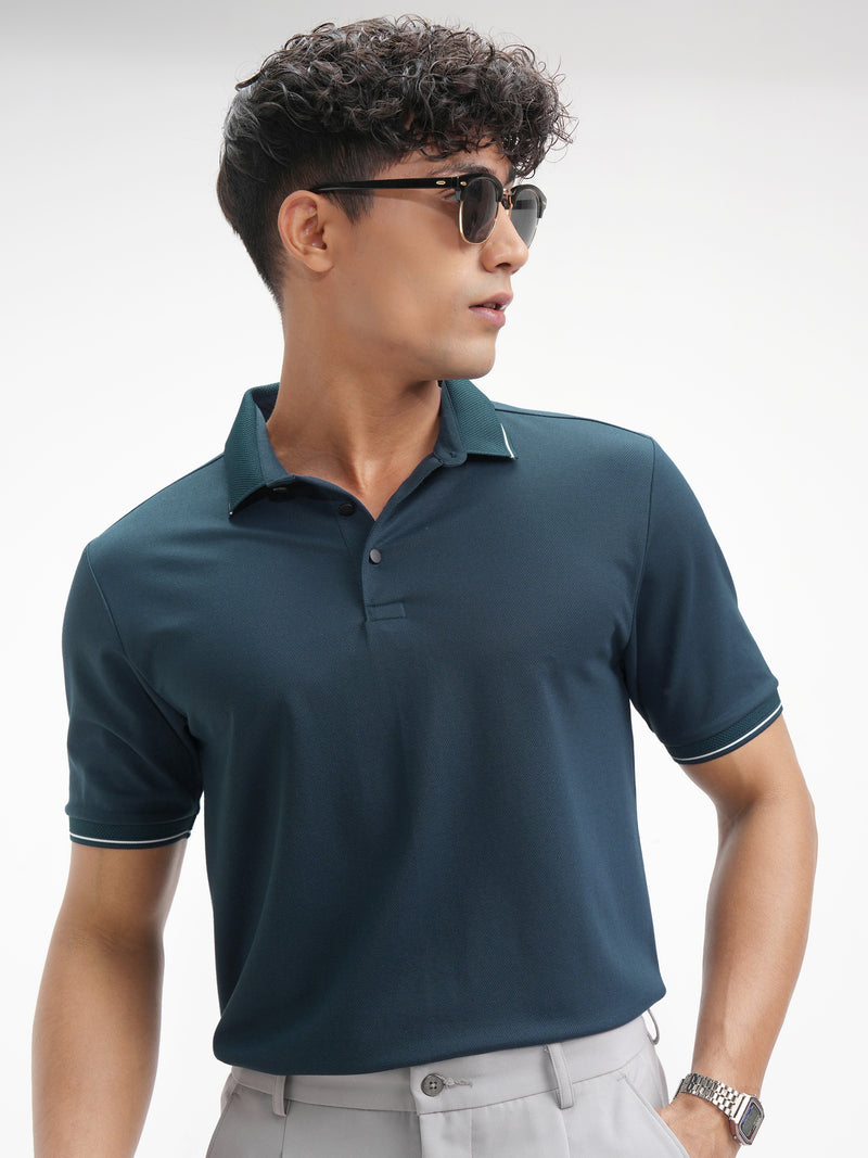 Highlander Men Navy Blue Solid Polo Collar T-Shirt - Navy Blue - Image 1