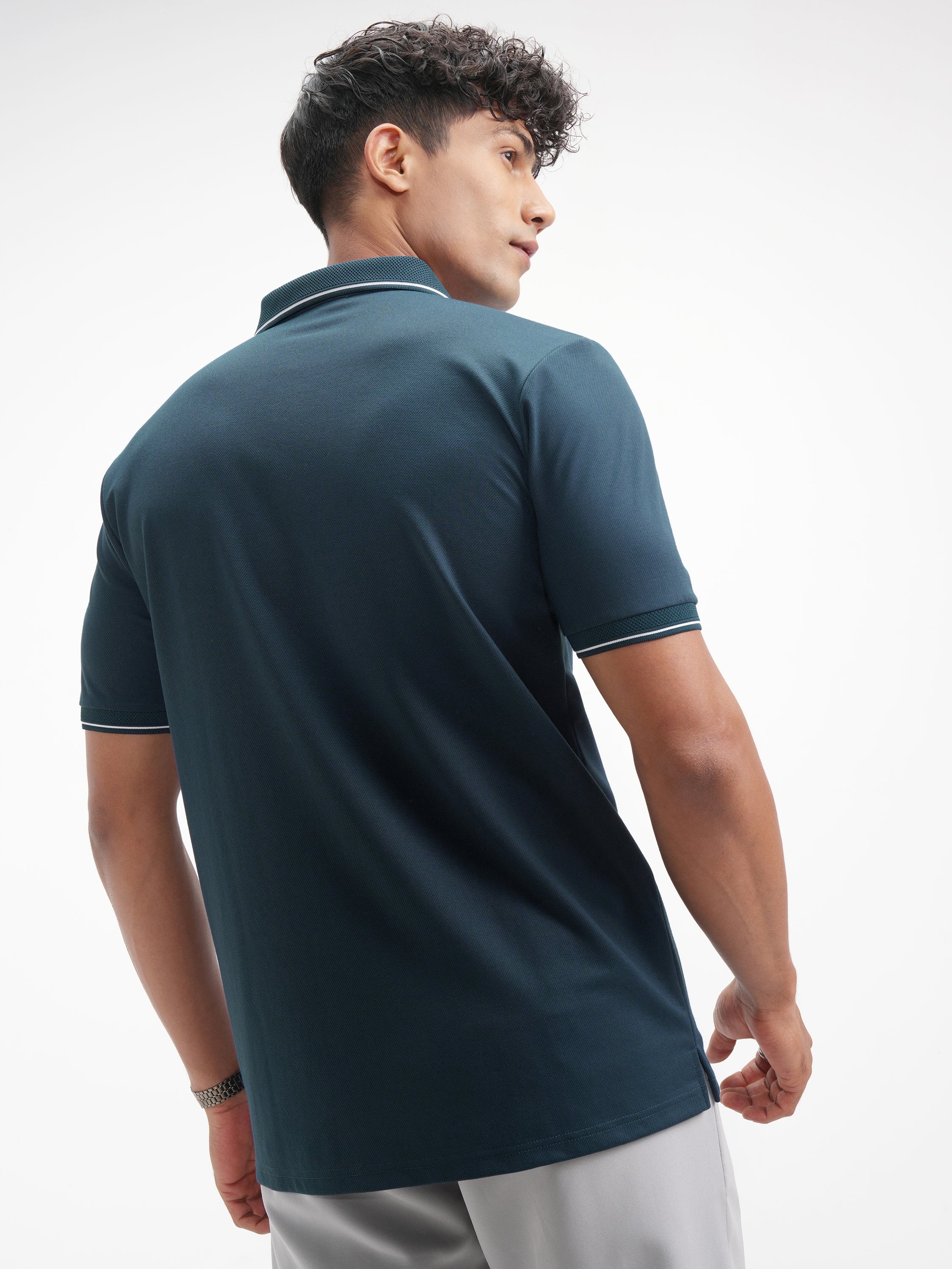 Highlander Men Navy Blue Solid Polo Collar T-Shirt - Navy Blue - Image 3