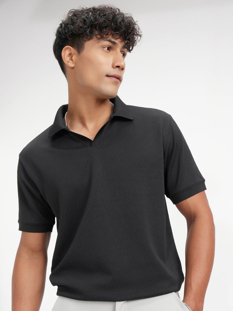 Highlander Men Black Solid Polo Collar T-Shirt - Black - Image 1