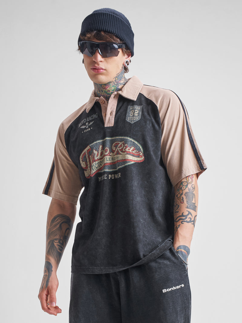 Highlander Men Black Printed Polo Collar T-Shirt - Black - Image 1